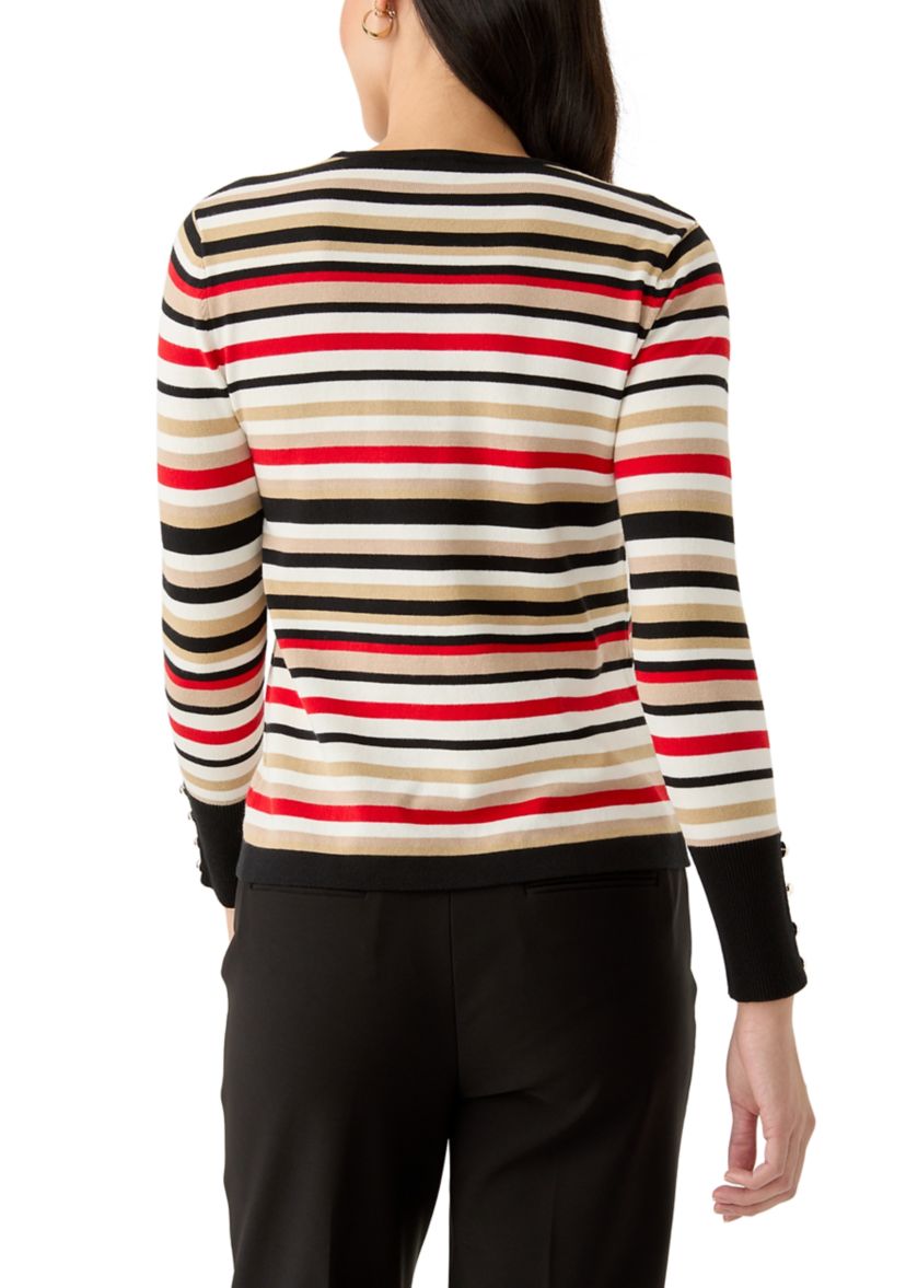 Womens Striped Button Sleeve Sweater