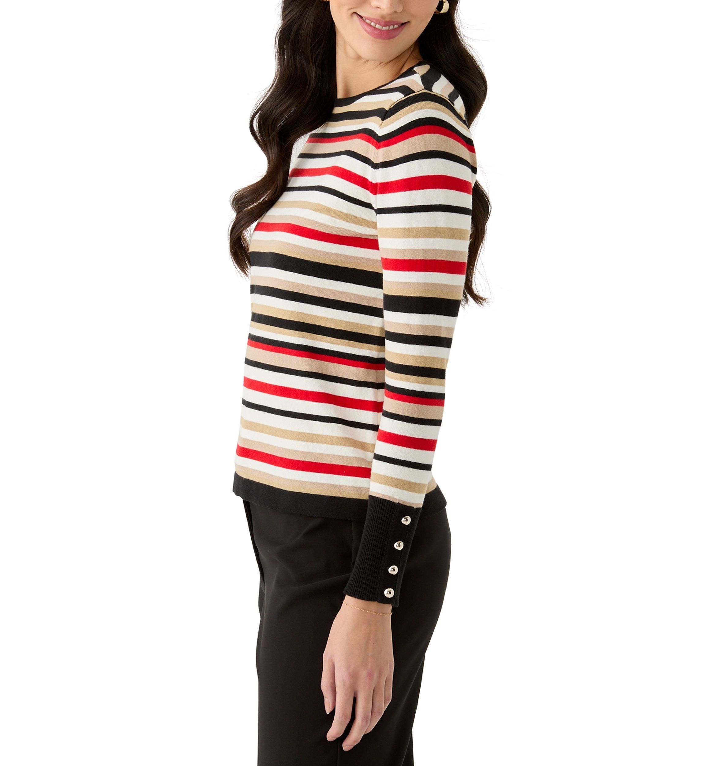 Womens Striped Button Sleeve Sweater