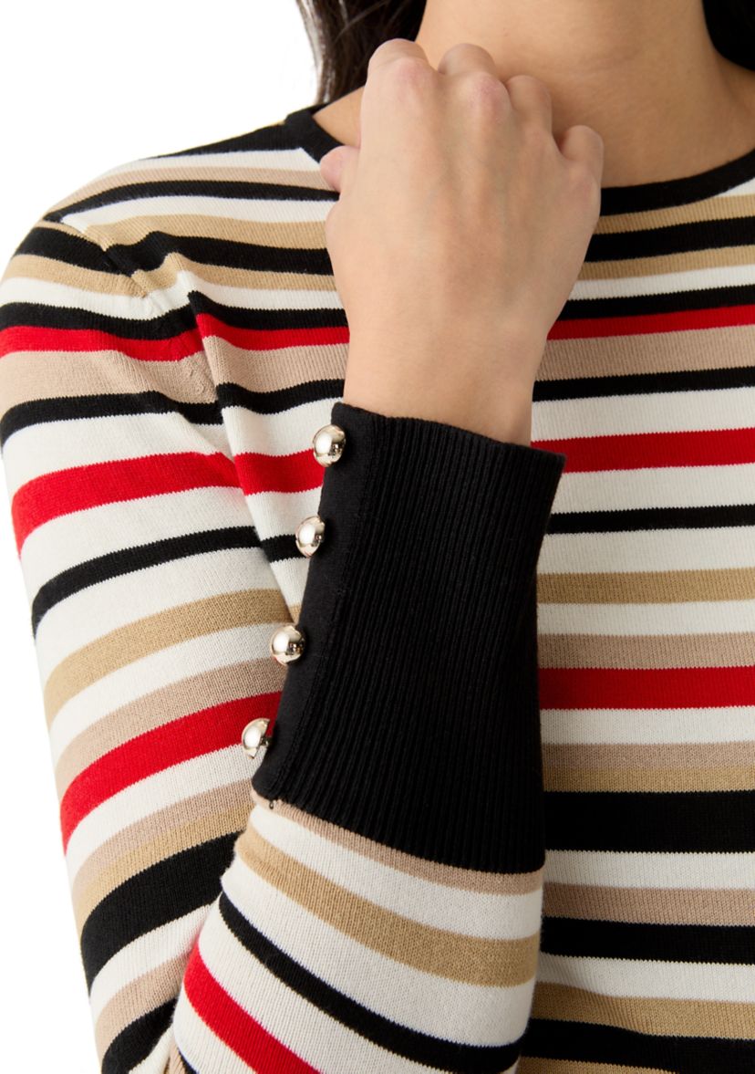 Womens Striped Button Sleeve Sweater