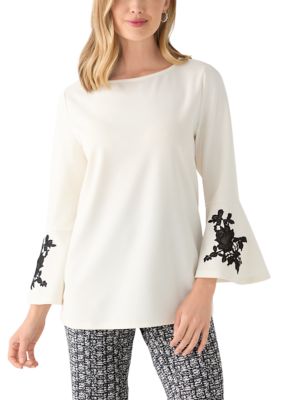 Anne Klein Women's Petite Bell Sleeve Tunic, White, PS