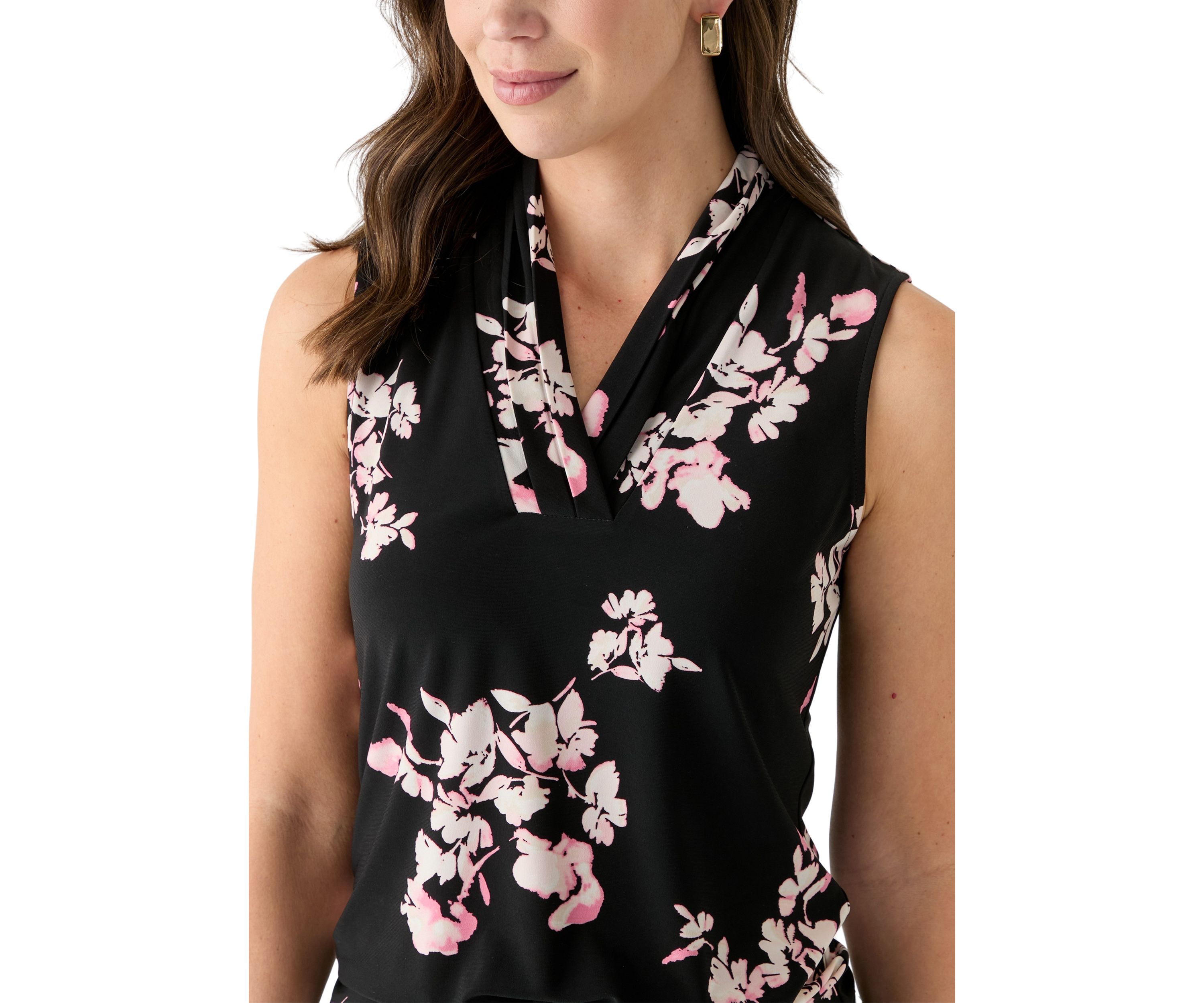 Womens Sleeveless Printed Triple Pleat Top