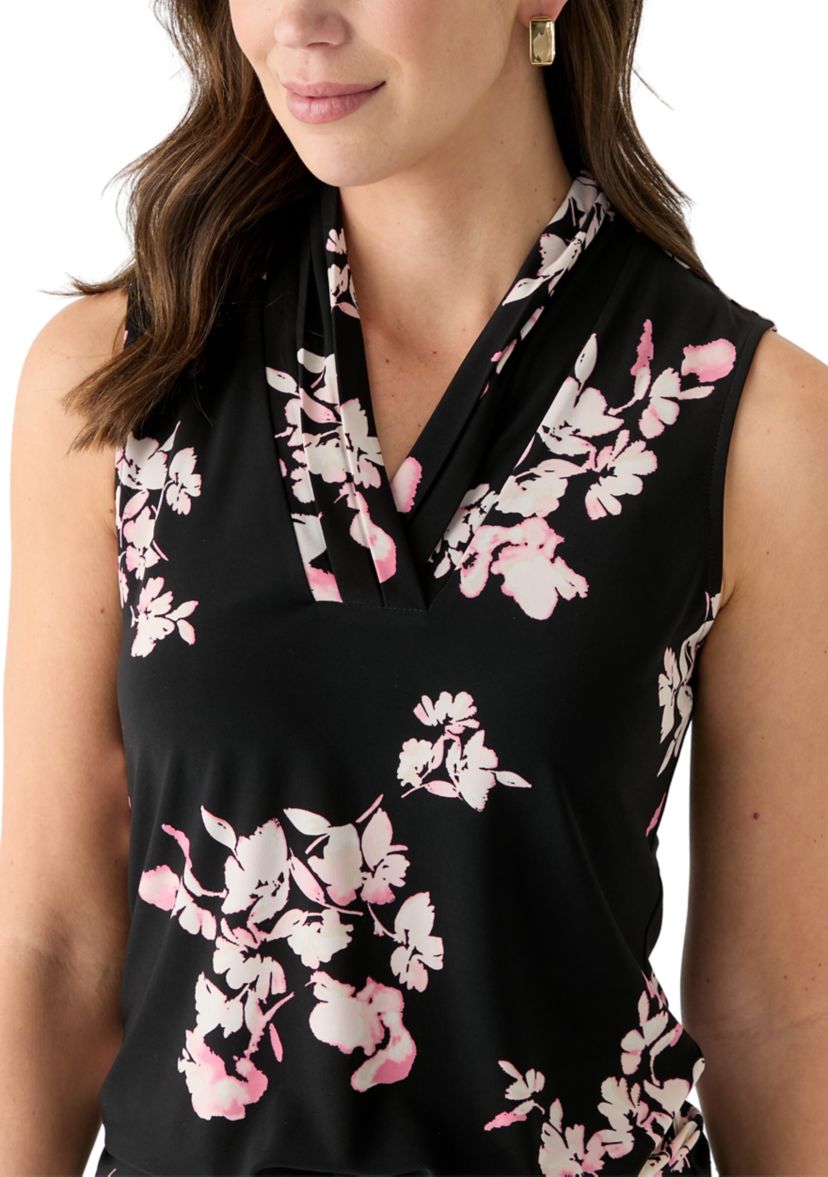 Womens Sleeveless Printed Triple Pleat Top