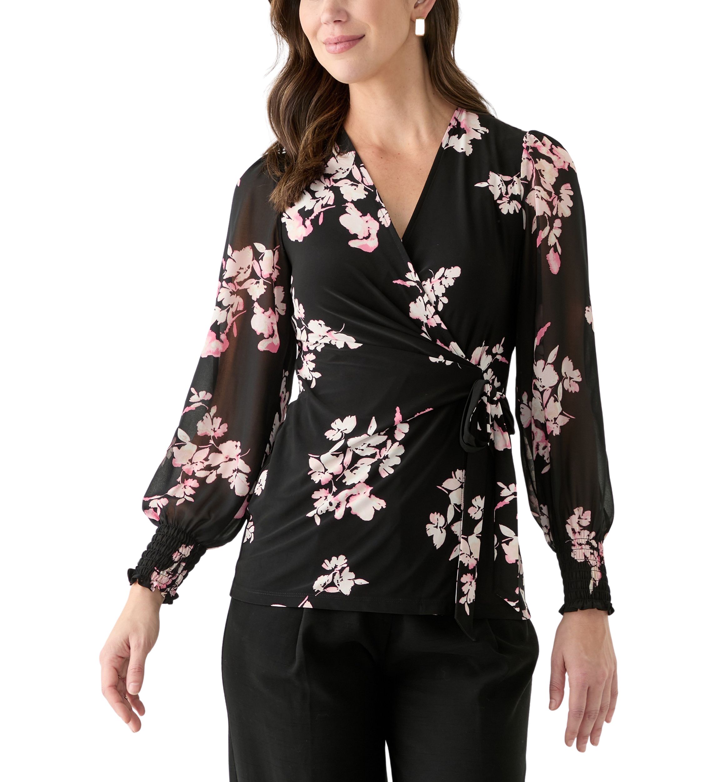Womens Long Sleeve Printed Mixed Media Top