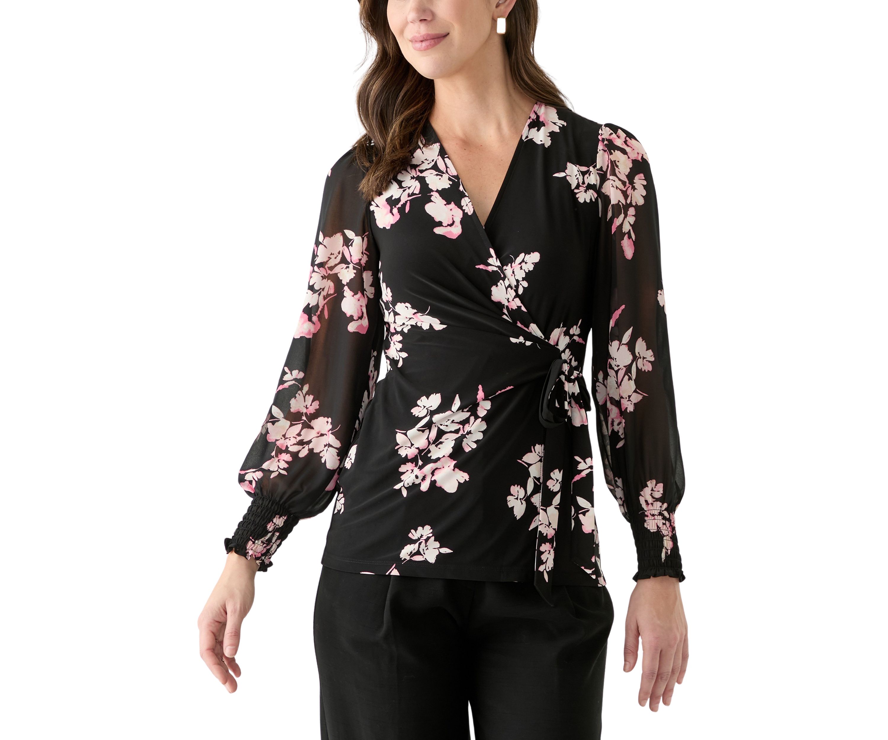 Womens Long Sleeve Printed Mixed Media Top