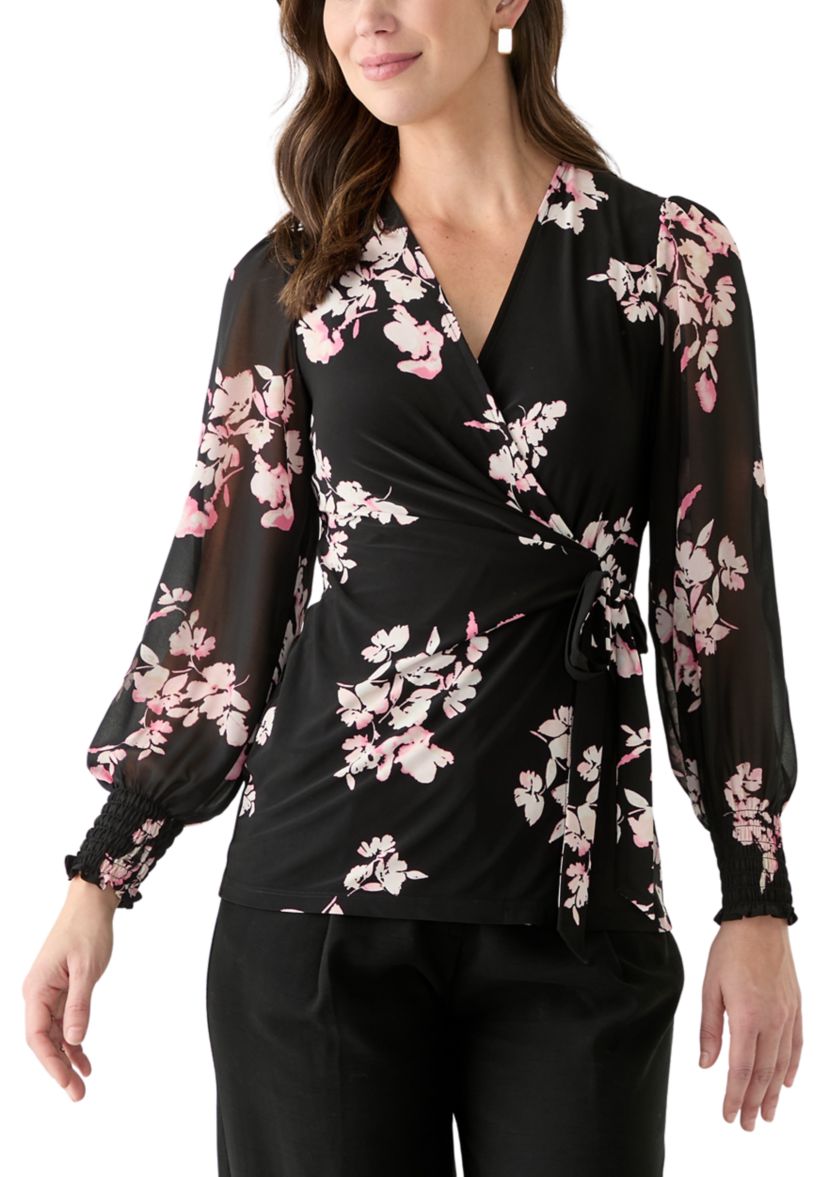 Womens Long Sleeve Printed Mixed Media Top