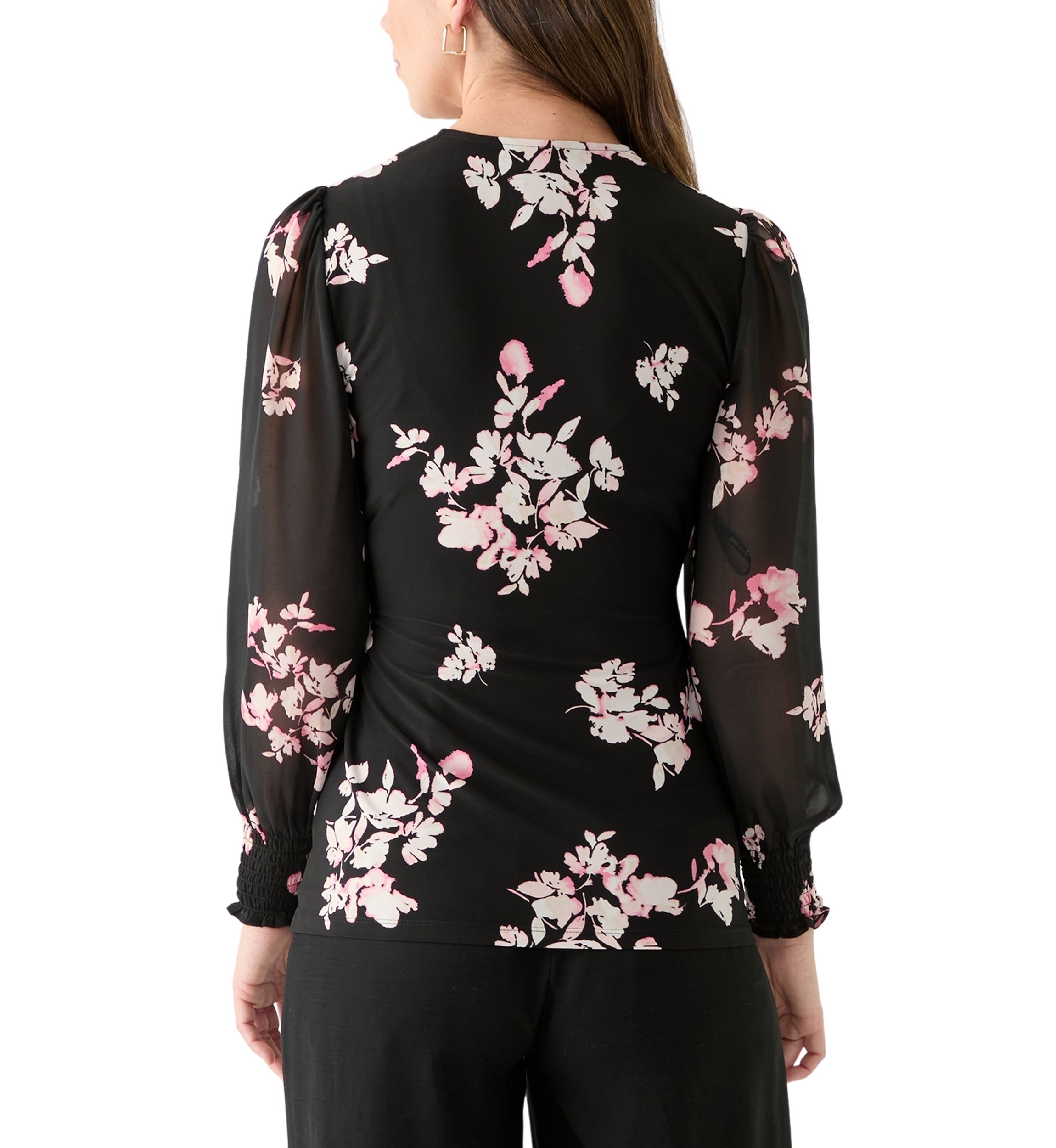 Womens Long Sleeve Printed Mixed Media Top