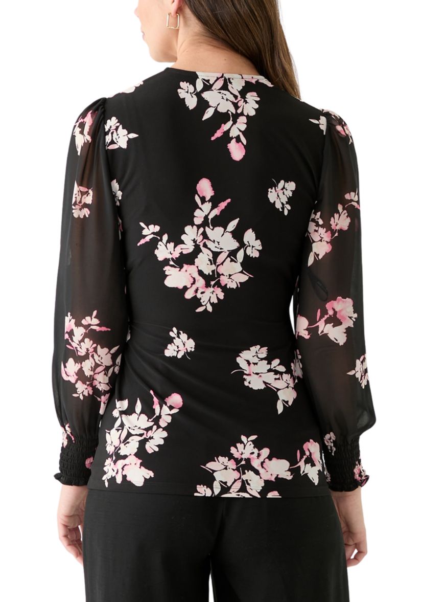 Womens Long Sleeve Printed Mixed Media Top