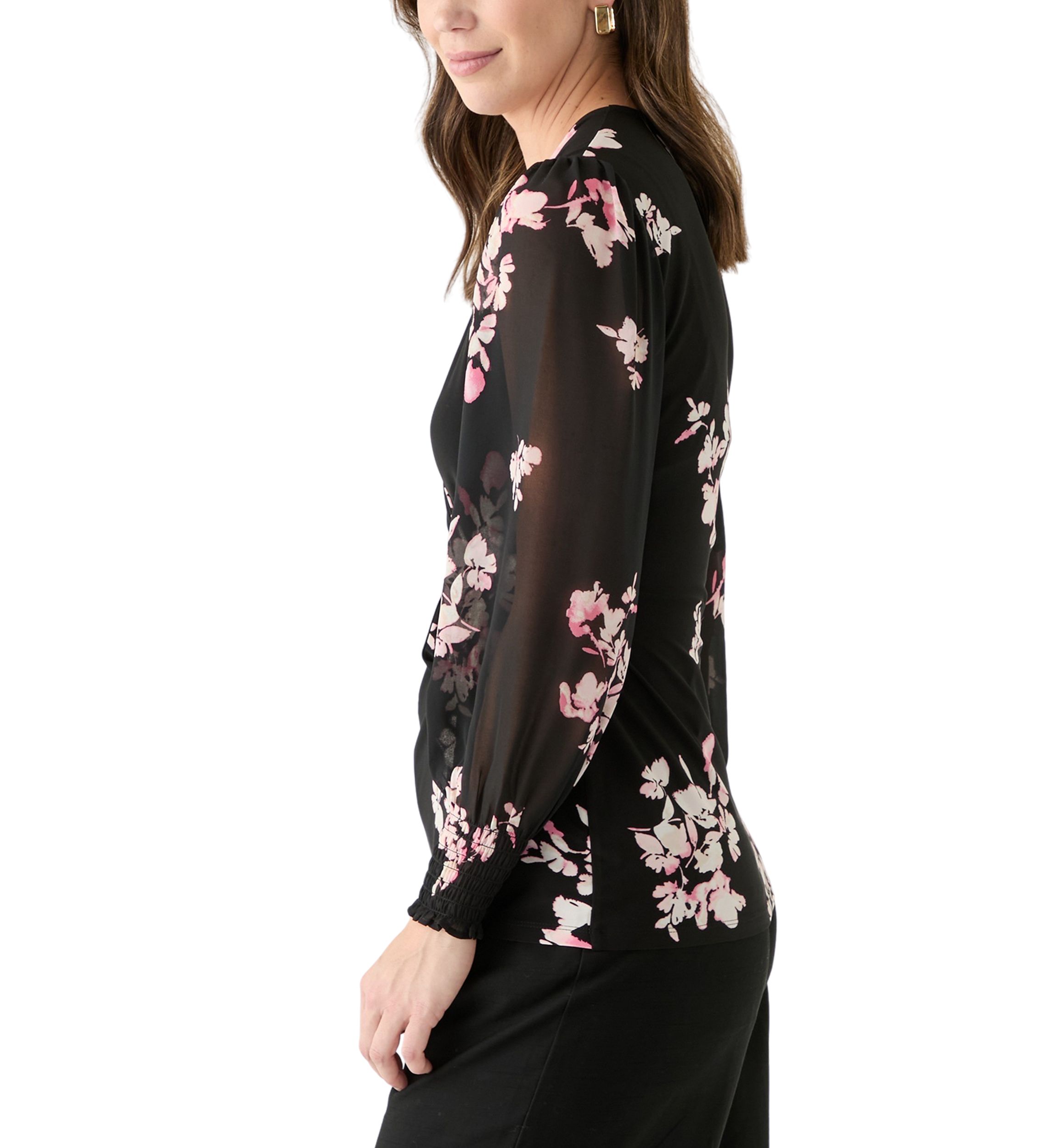Womens Long Sleeve Printed Mixed Media Top