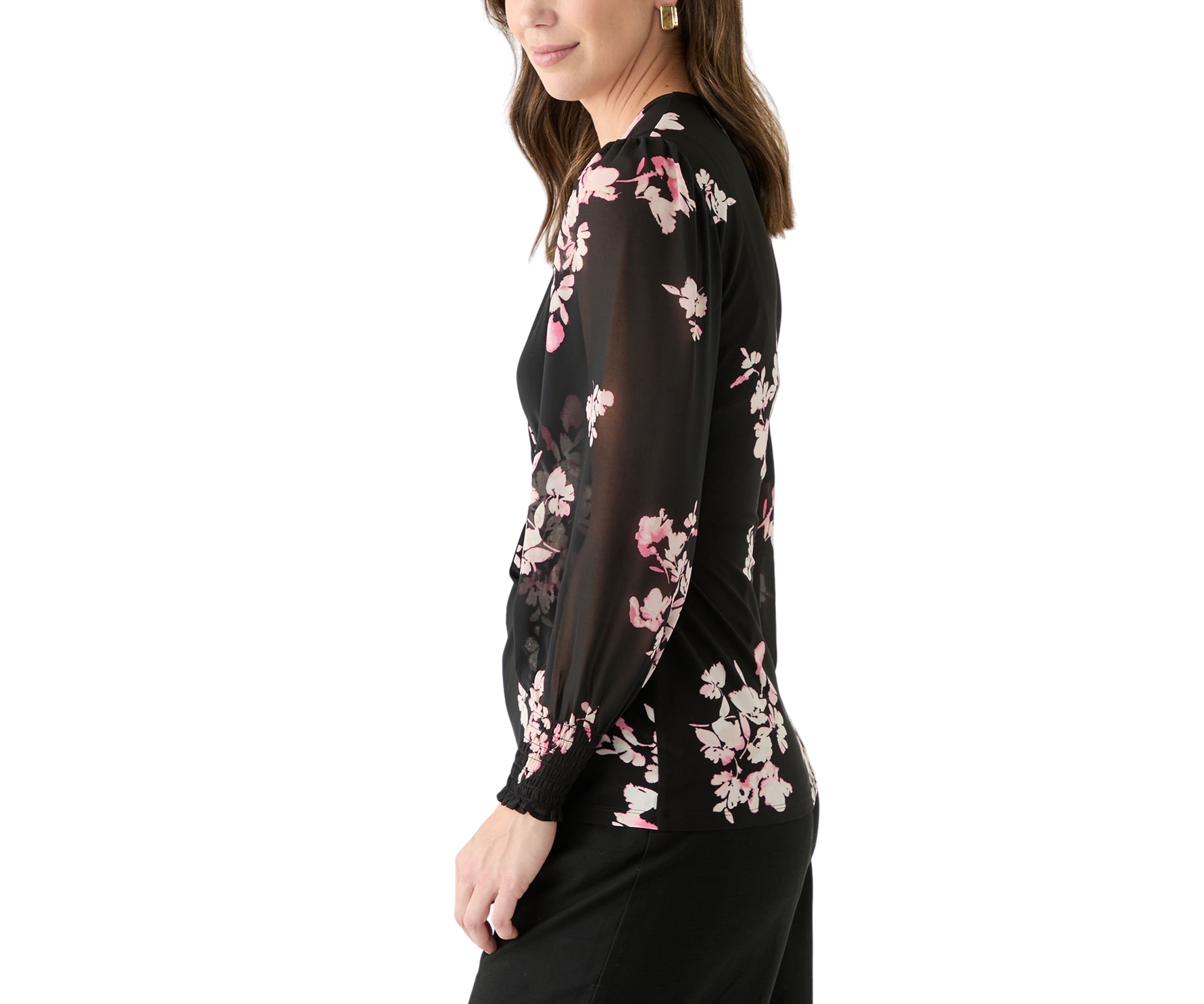 Womens Long Sleeve Printed Mixed Media Top