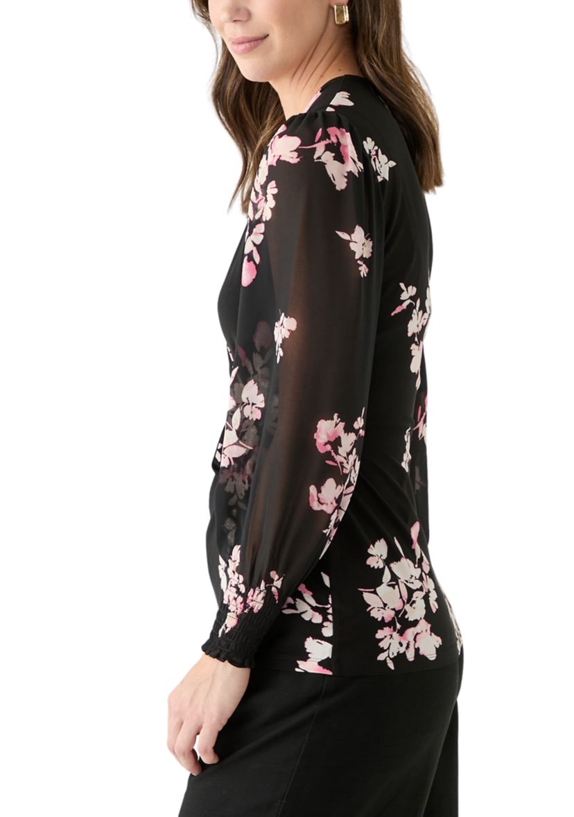 Womens Long Sleeve Printed Mixed Media Top