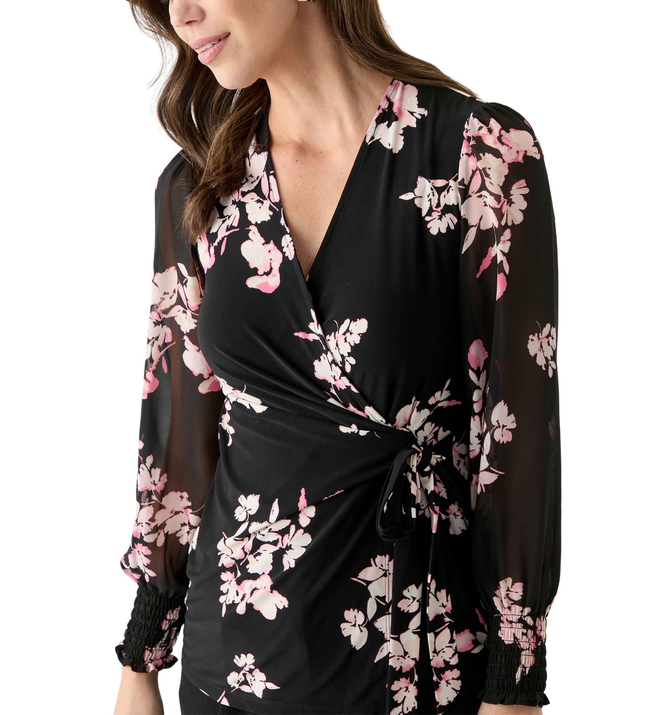 Womens Long Sleeve Printed Mixed Media Top