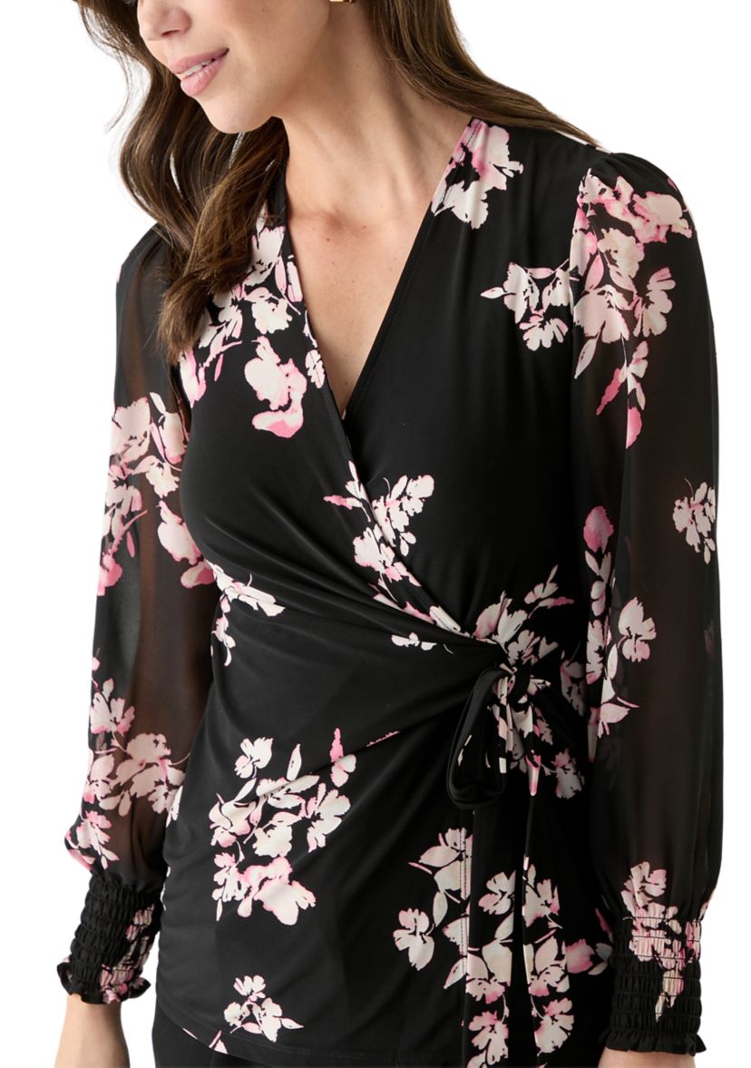 Womens Long Sleeve Printed Mixed Media Top