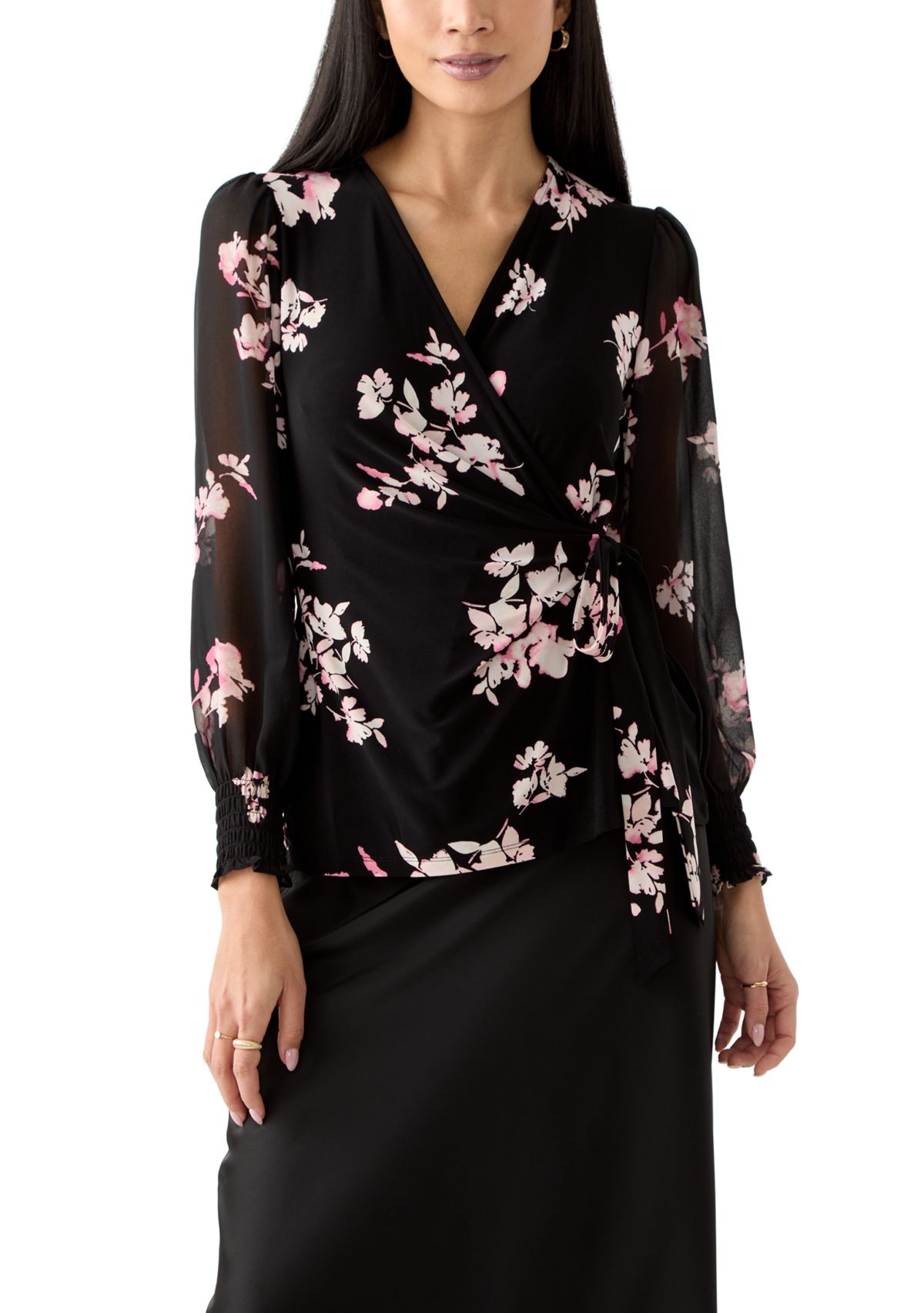 Petite Long Sleeve Smocked Wrap Top