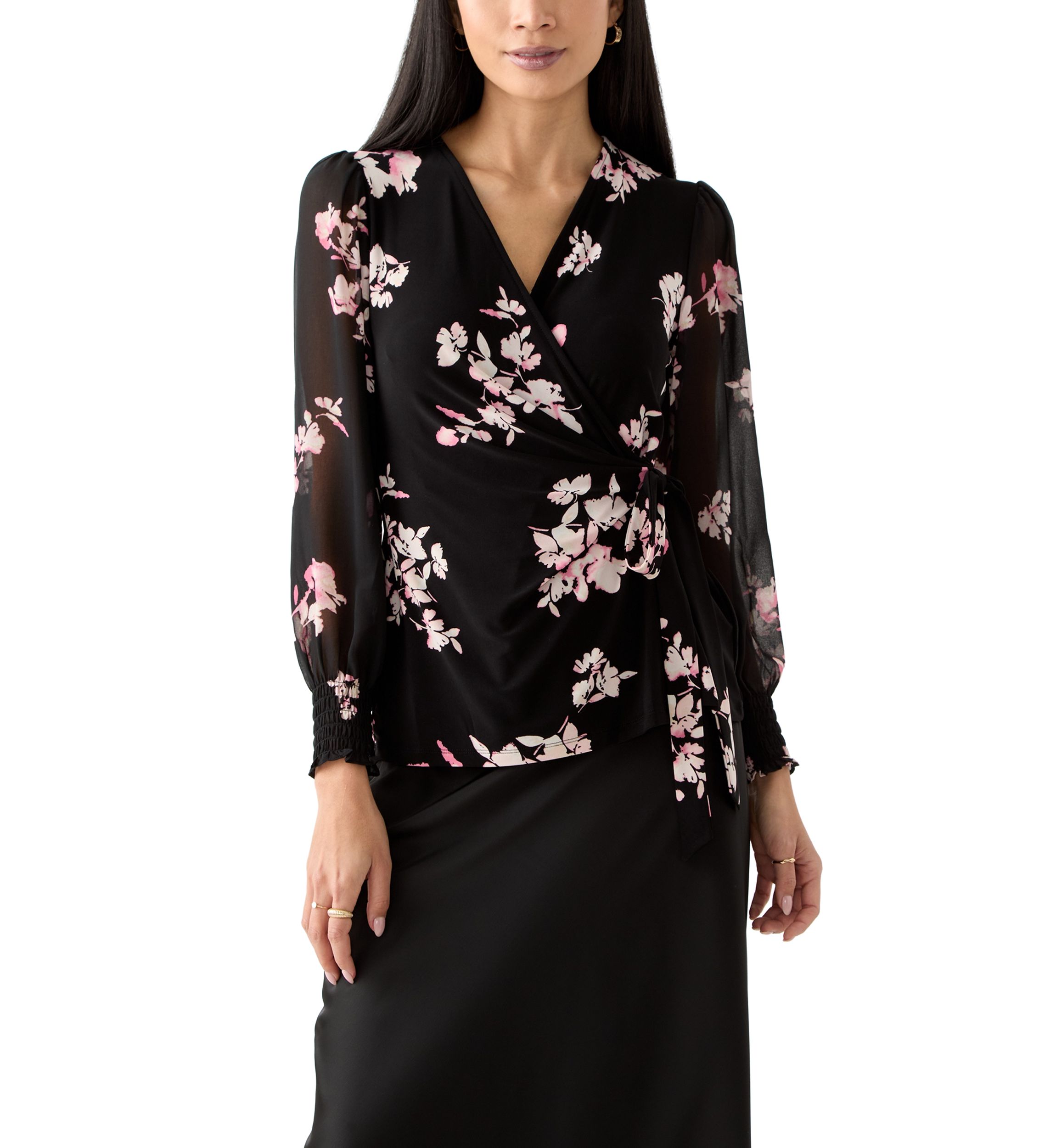 Petite Long Sleeve Smocked Wrap Top