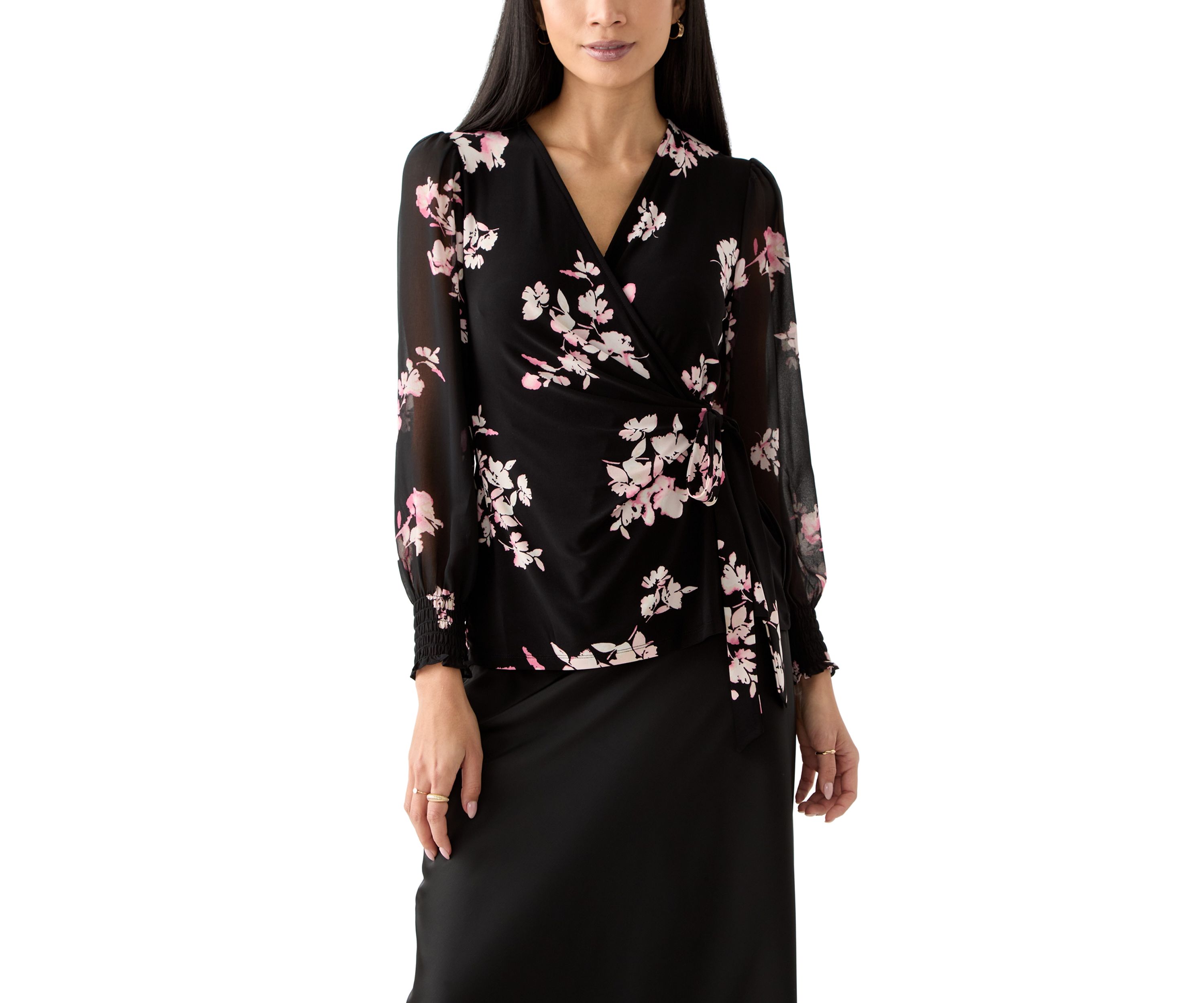 Petite Long Sleeve Smocked Wrap Top