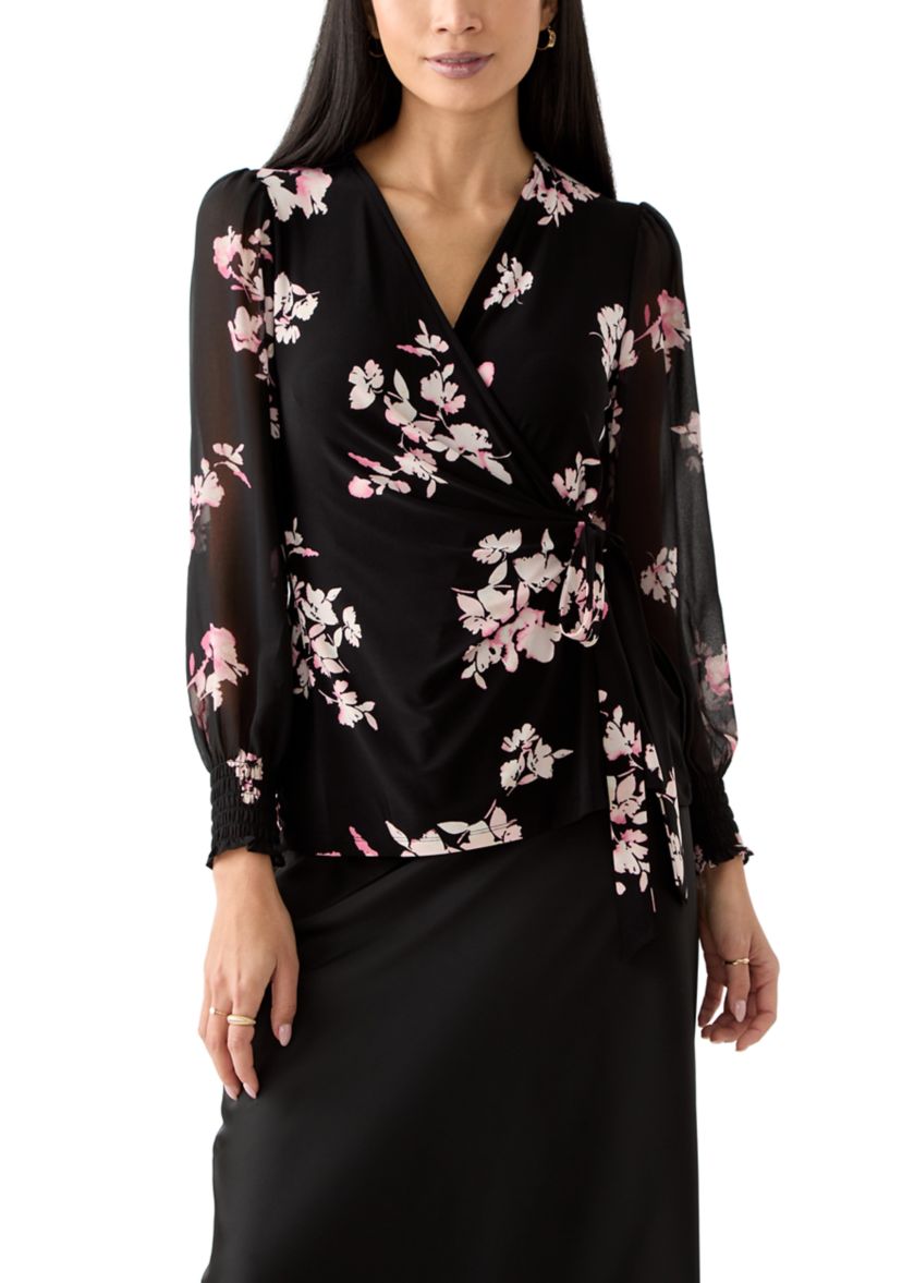 Petite Long Sleeve Smocked Wrap Top