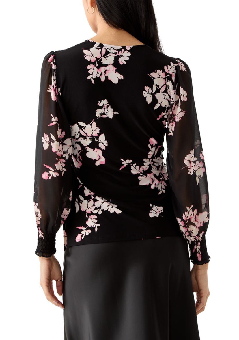 Petite Long Sleeve Smocked Wrap Top