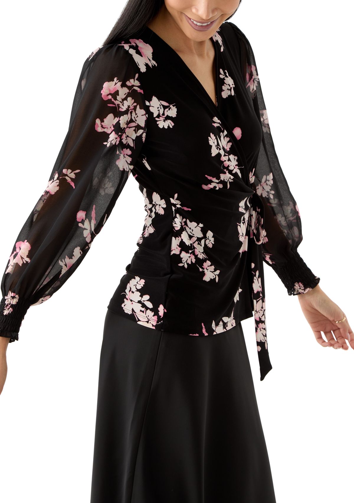 Petite Long Sleeve Smocked Wrap Top