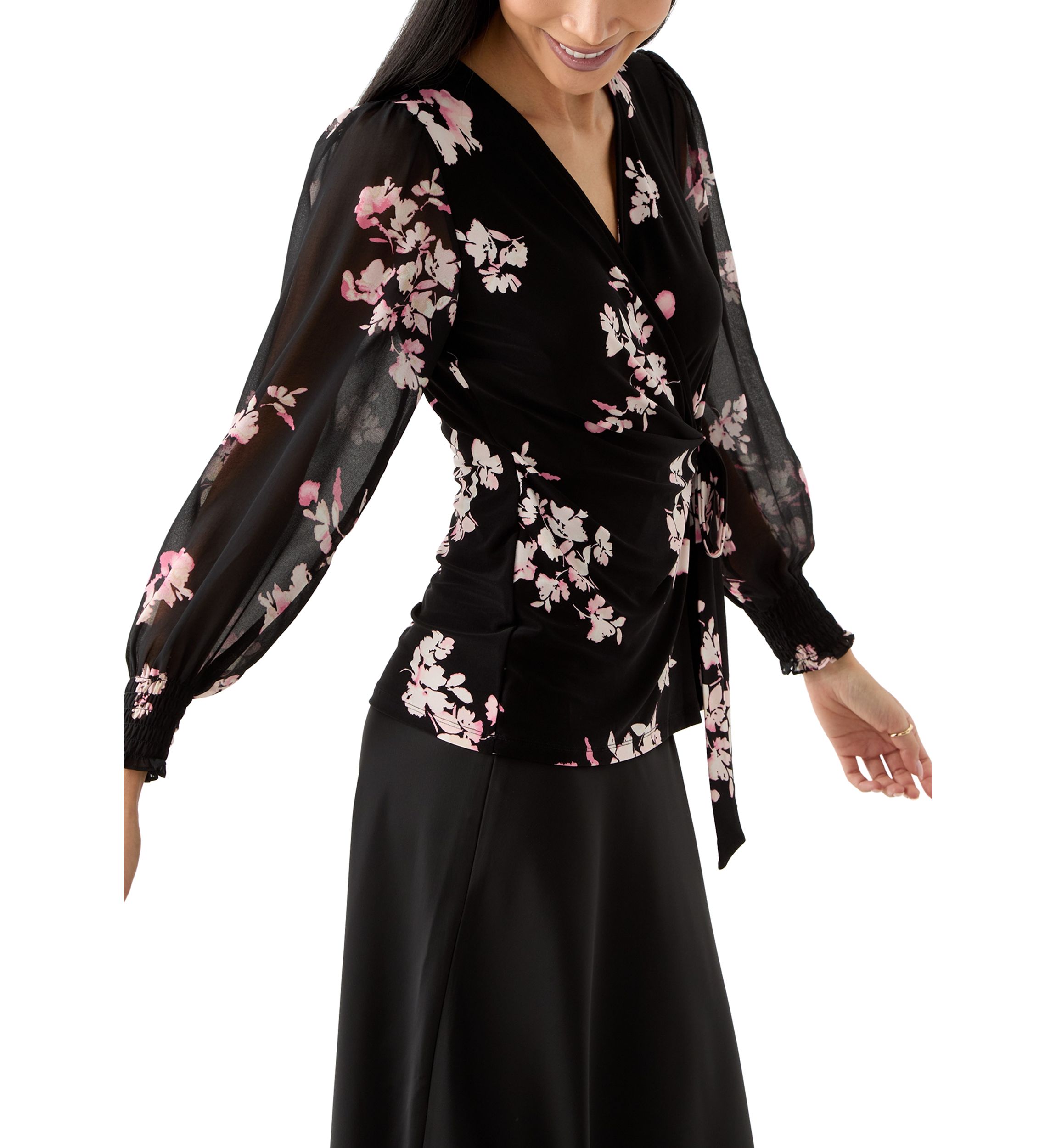 Petite Long Sleeve Smocked Wrap Top