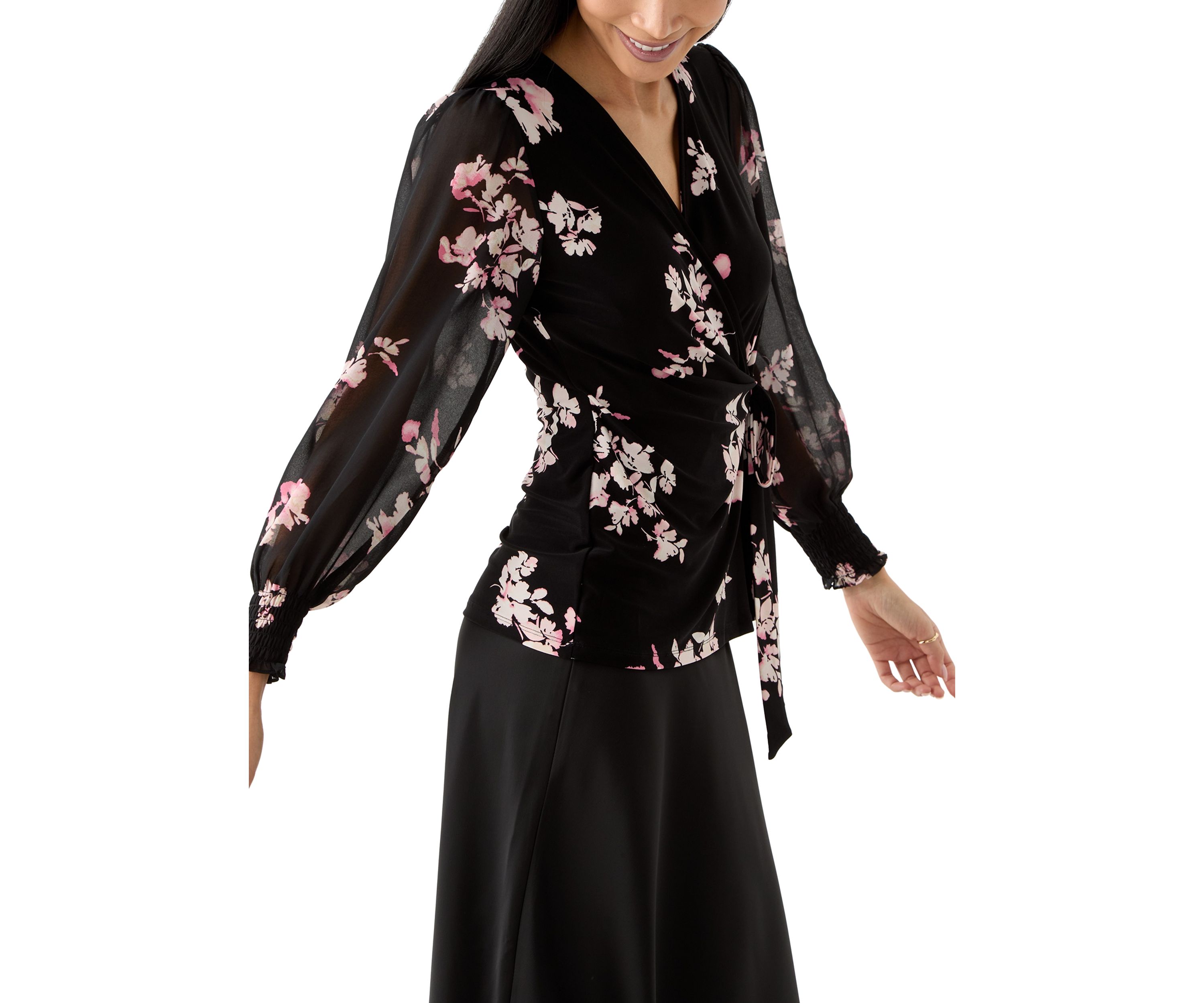 Petite Long Sleeve Smocked Wrap Top