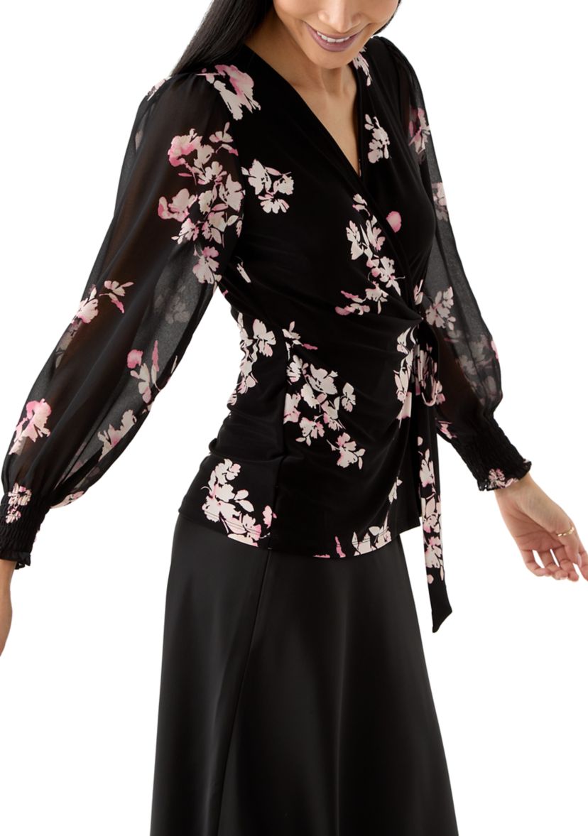 Petite Long Sleeve Smocked Wrap Top