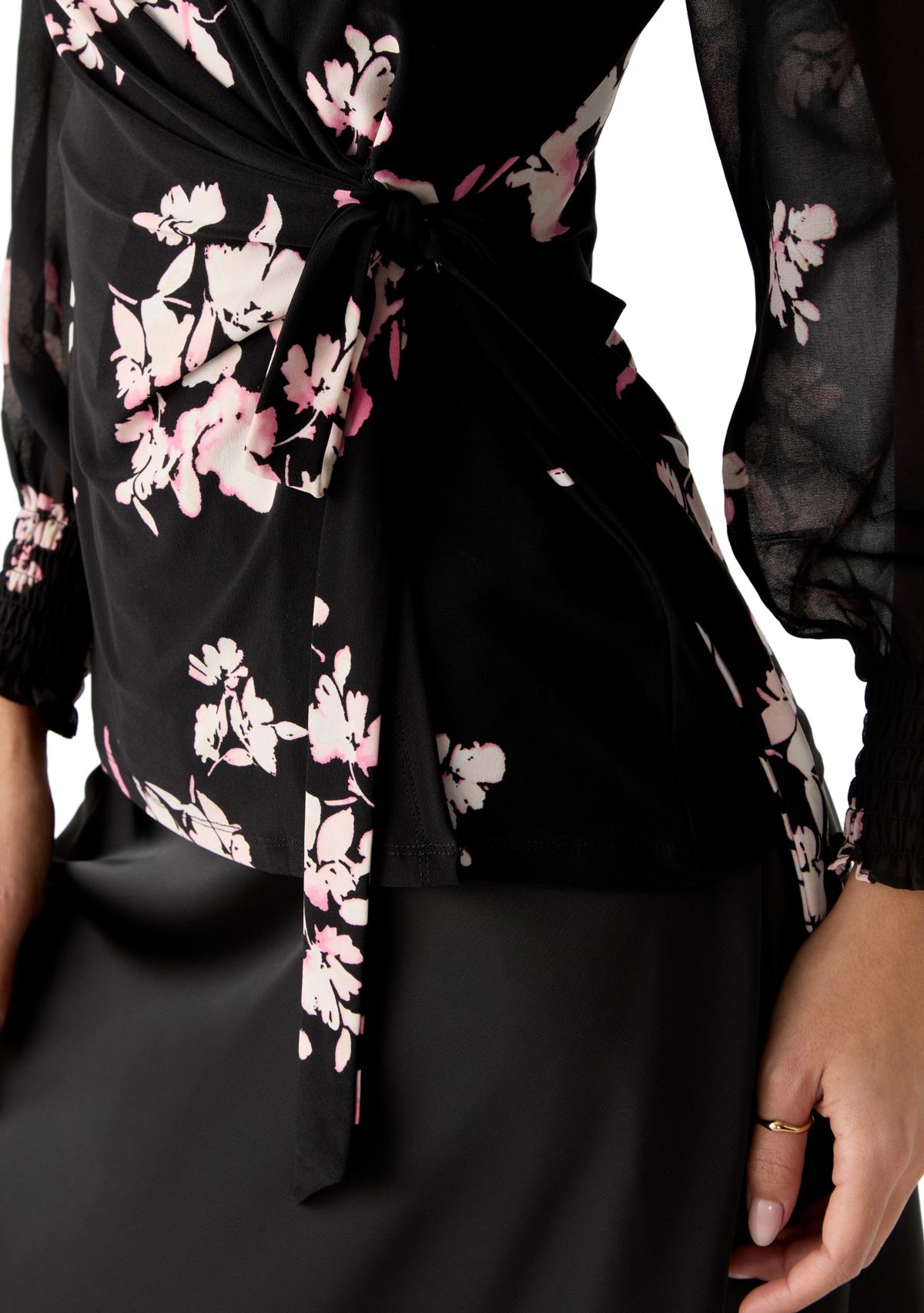 Petite Long Sleeve Smocked Wrap Top