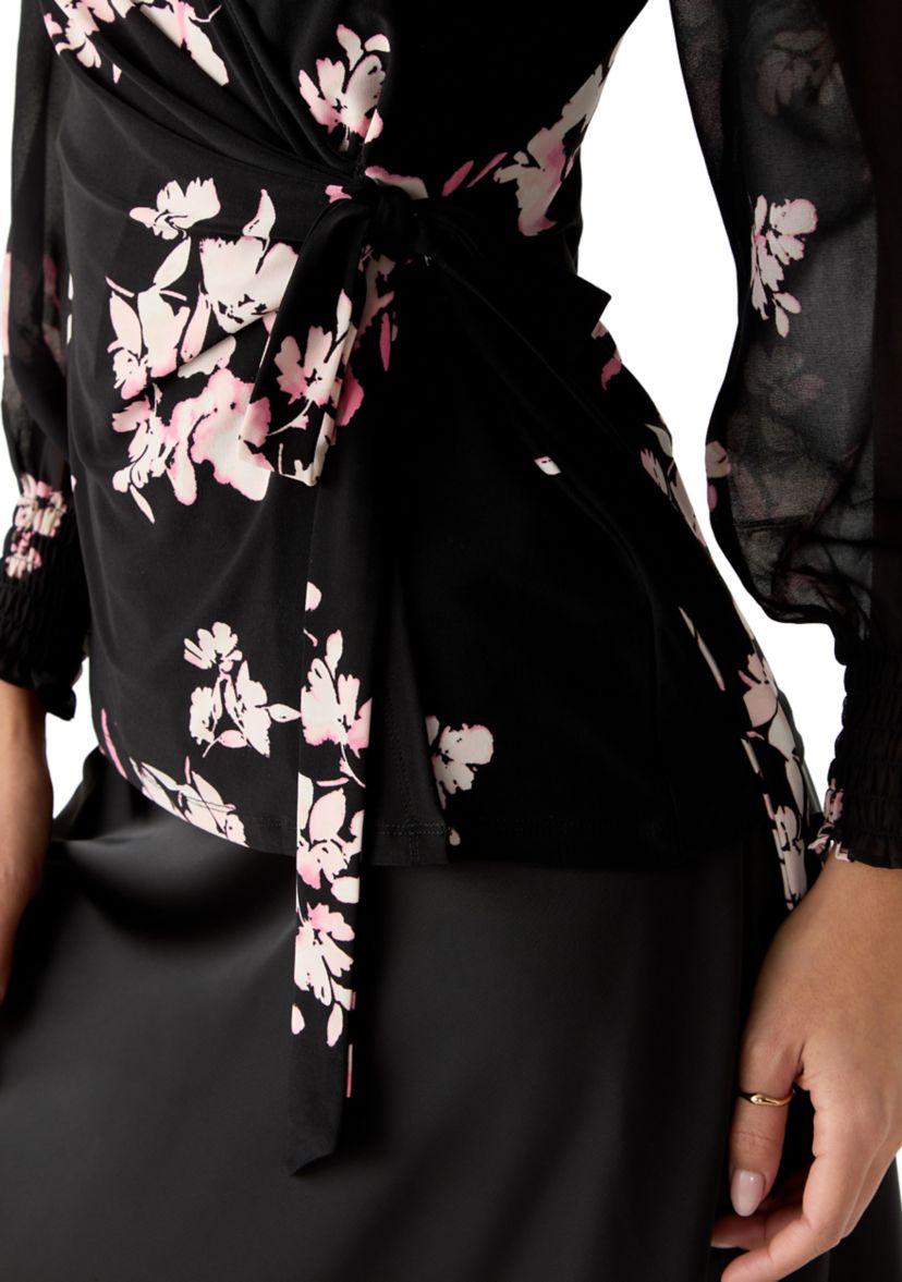 Petite Long Sleeve Smocked Wrap Top