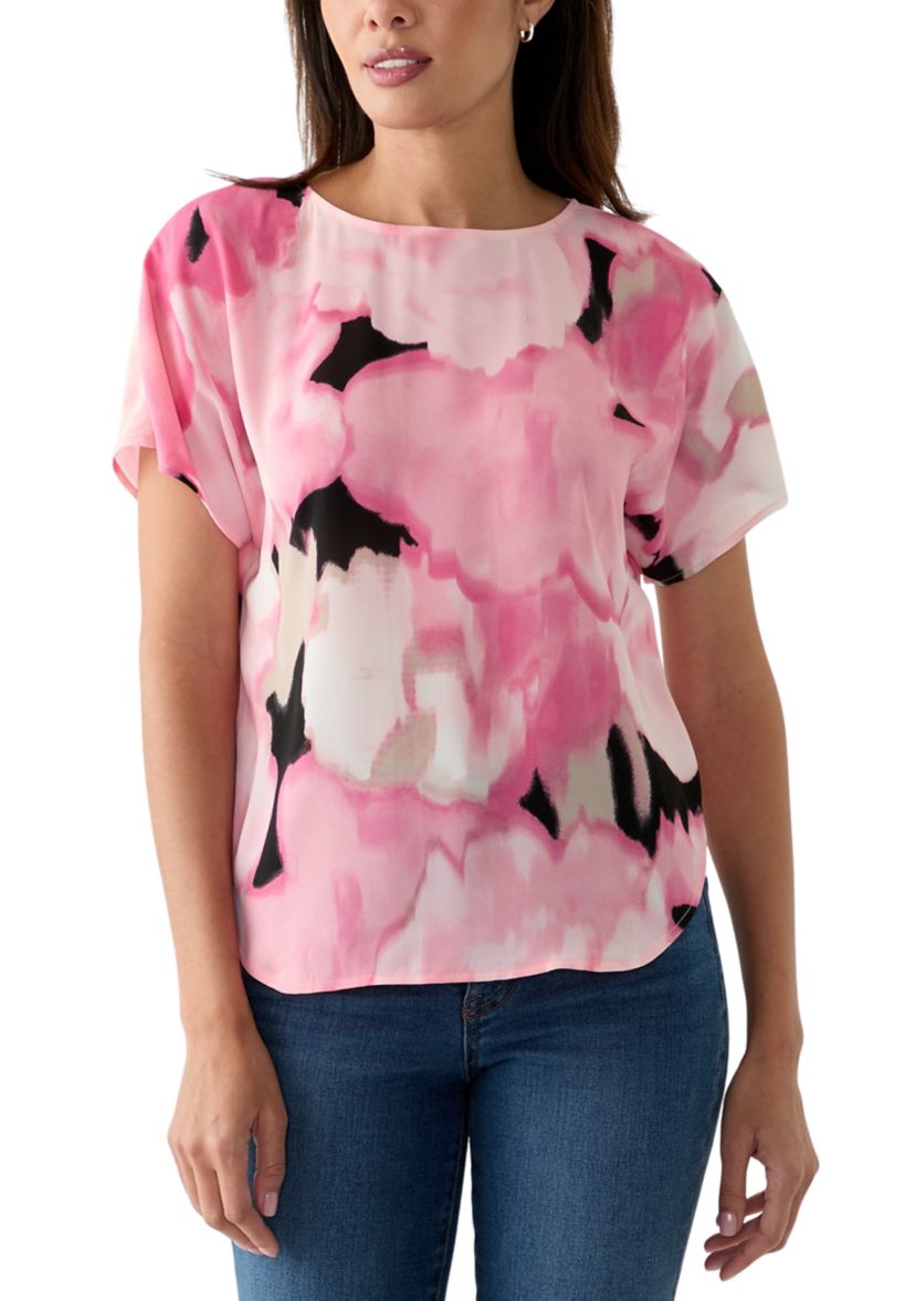 Womens Short Sleeve Boat Neck Printed Blouse