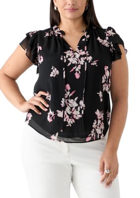 Anne Klein Women's Plus Size Printed Ruffle Tie Neck Blouse