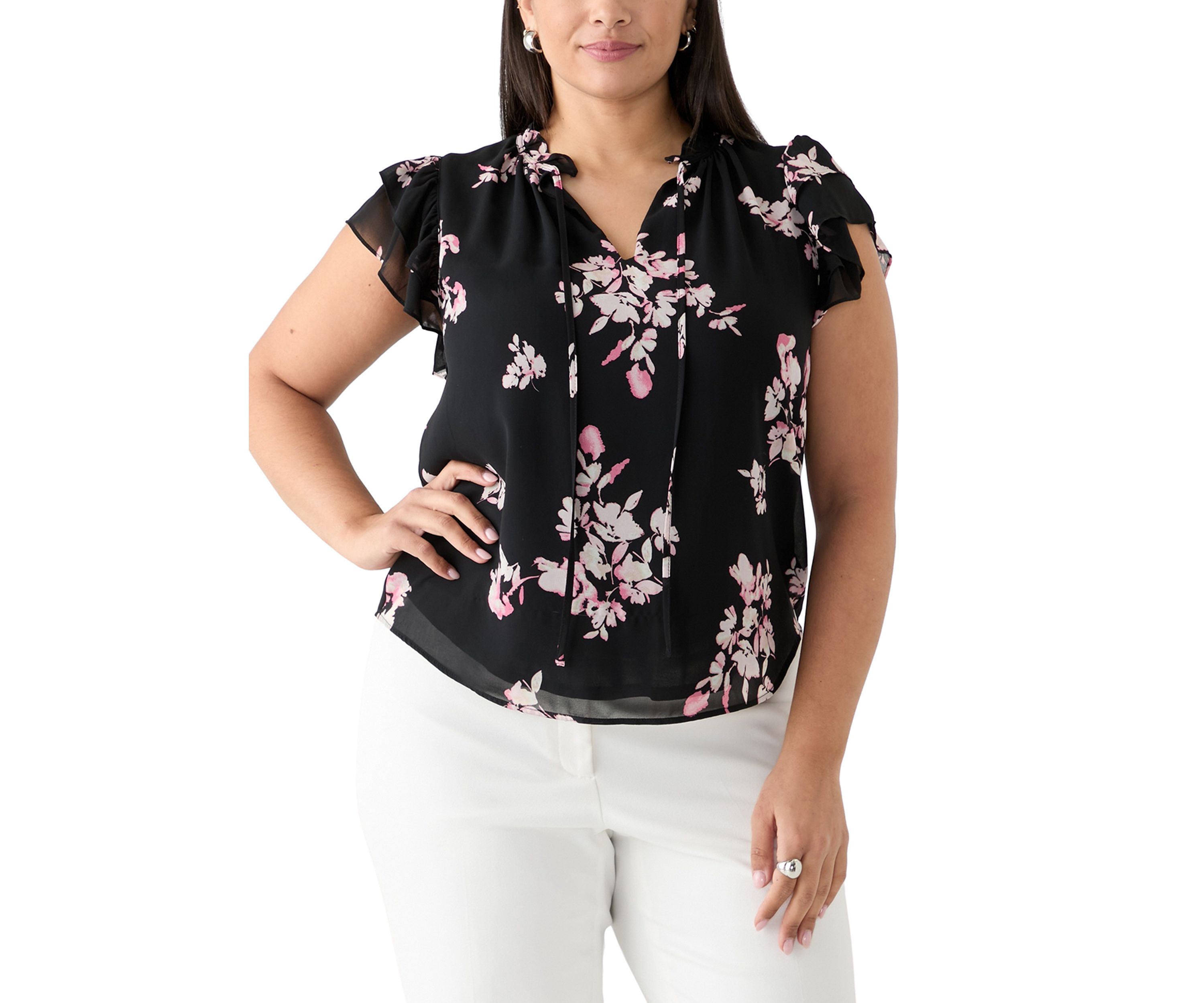 Plus Size Printed Ruffle Tie Neck Blouse