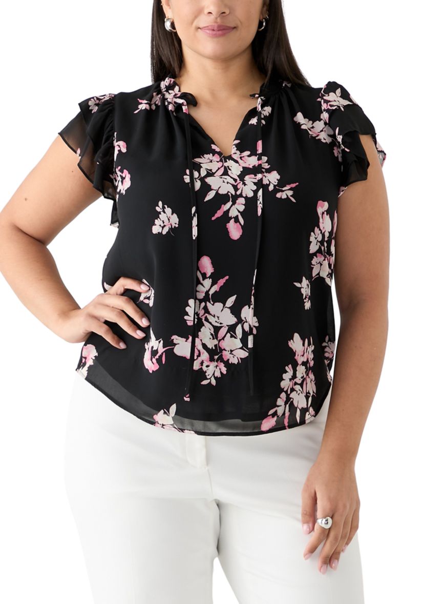 Plus Size Printed Ruffle Tie Neck Blouse