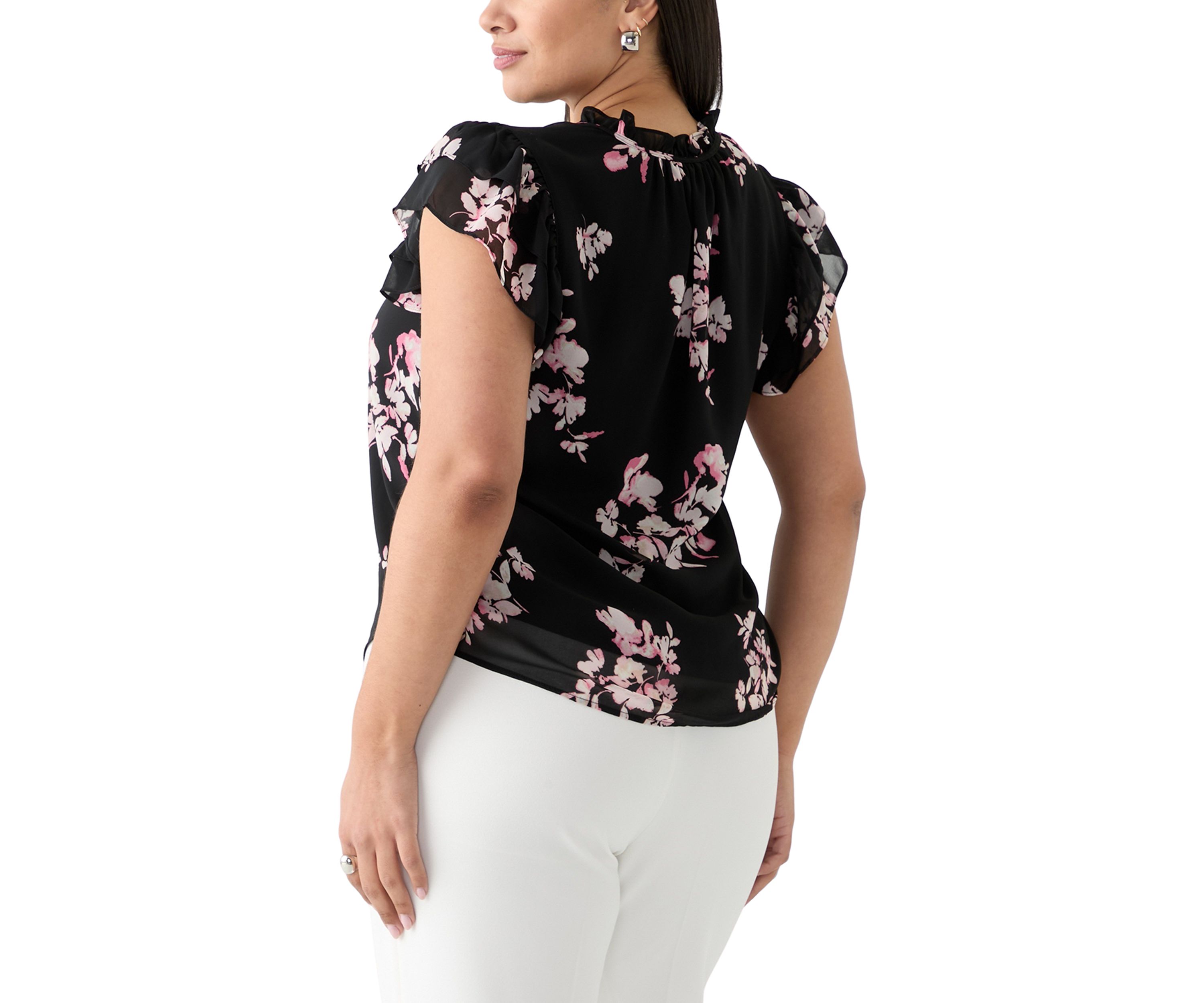 Plus Size Printed Ruffle Tie Neck Blouse
