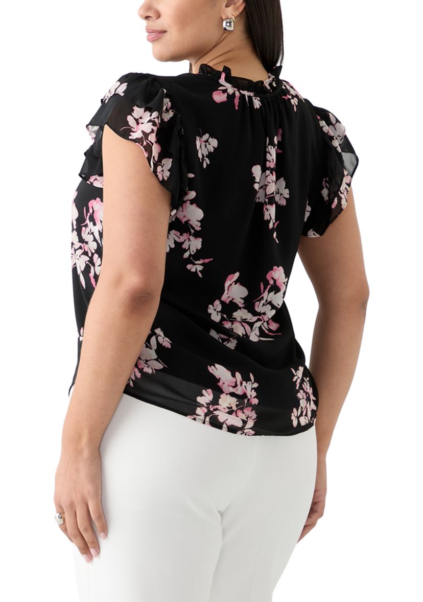 Plus Size Printed Ruffle Tie Neck Blouse