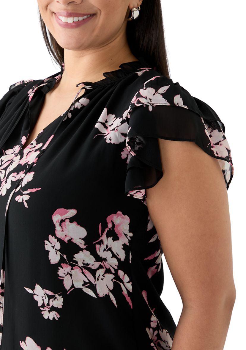 Plus Size Printed Ruffle Tie Neck Blouse