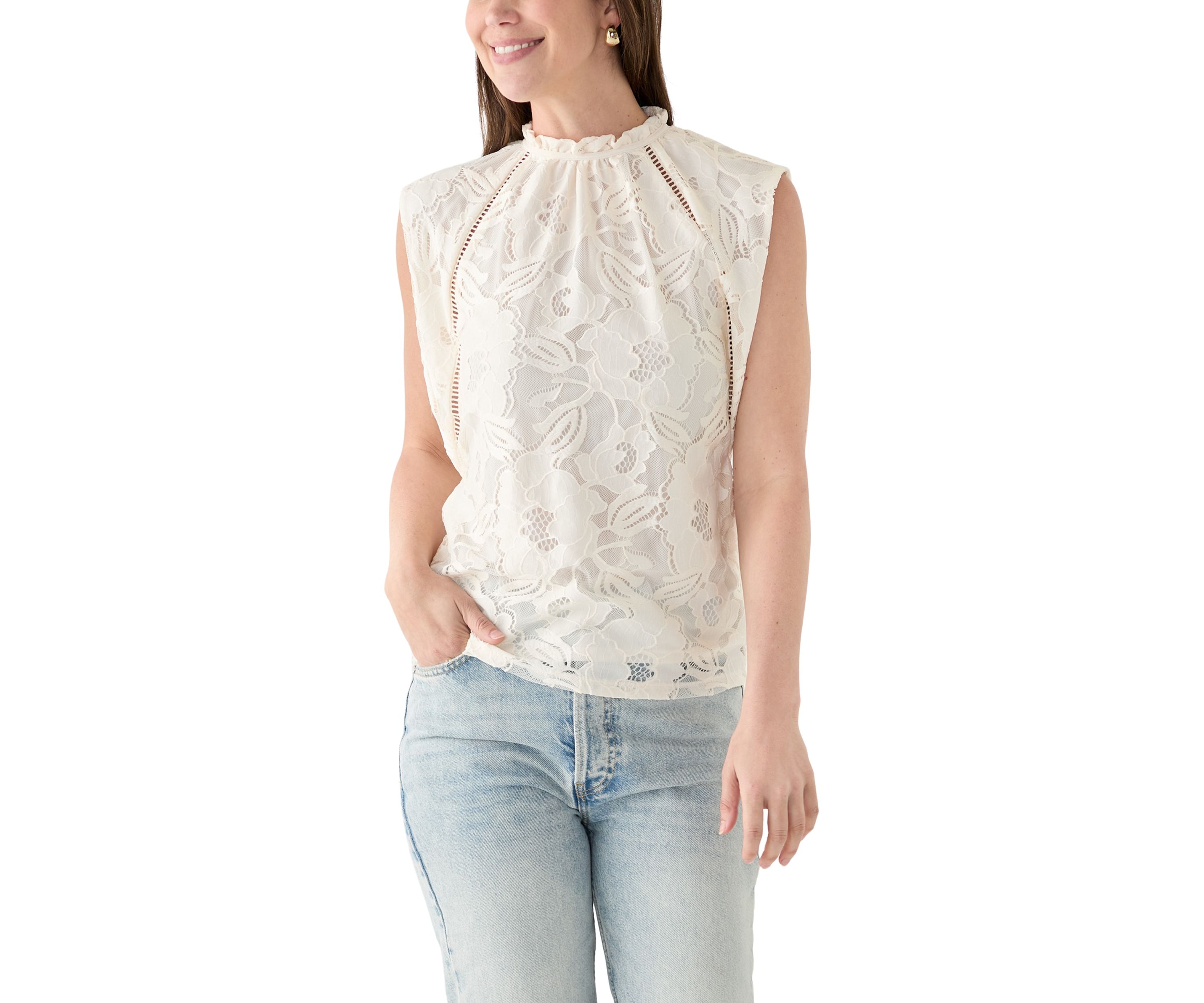 Womens Sleeveless Lace Ruffle Neck Top 