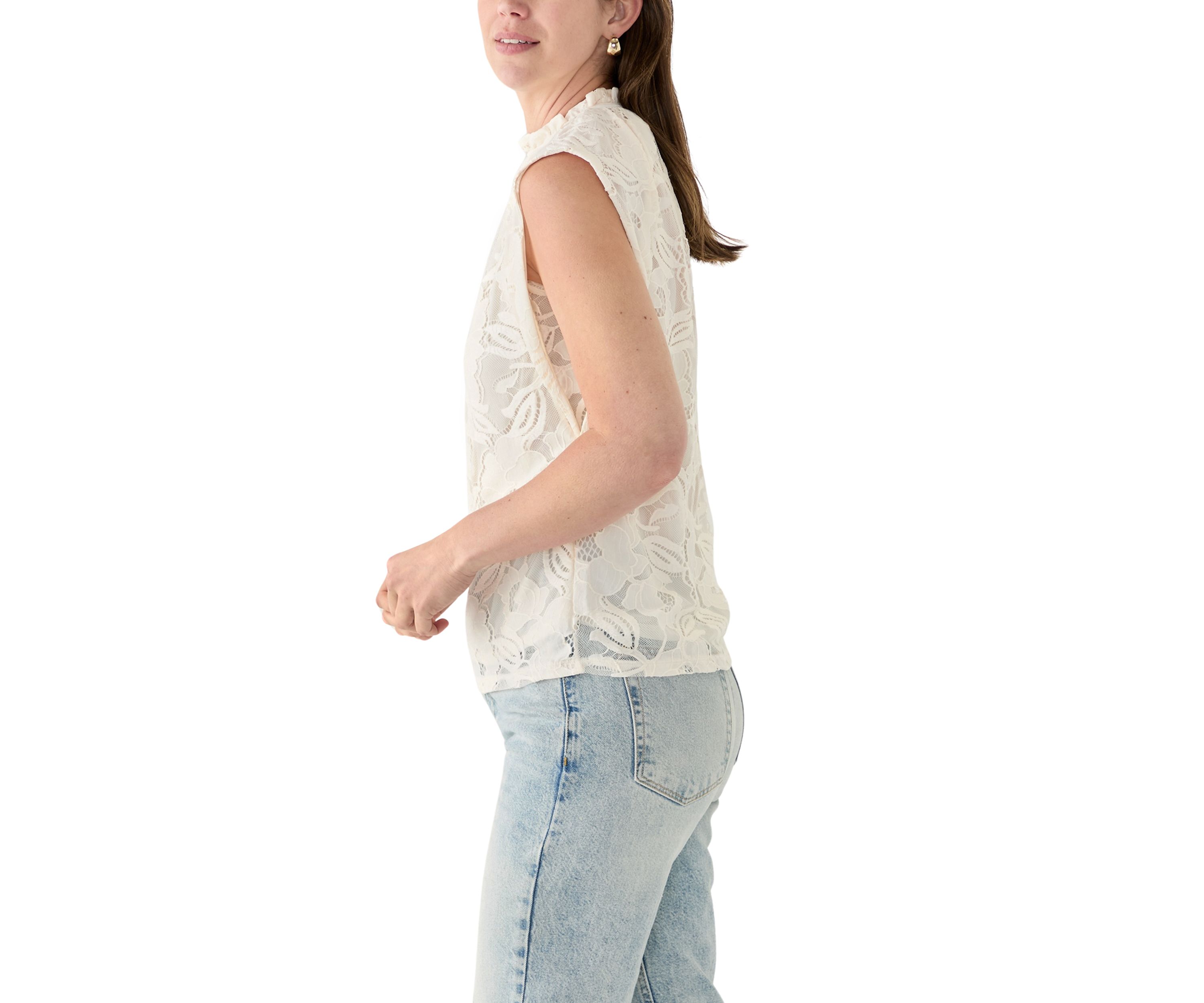 Womens Sleeveless Lace Ruffle Neck Top 