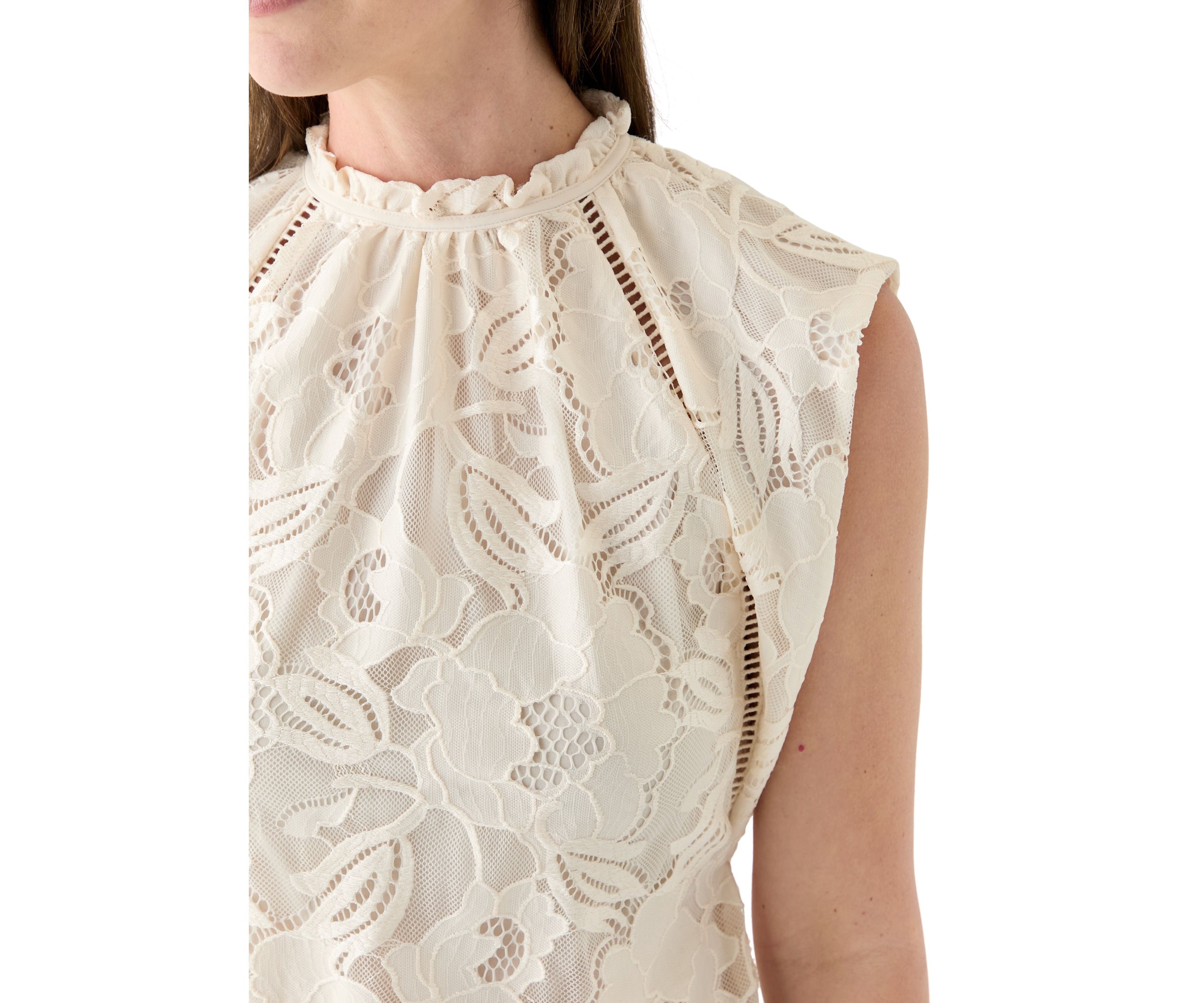 Womens Sleeveless Lace Ruffle Neck Top 