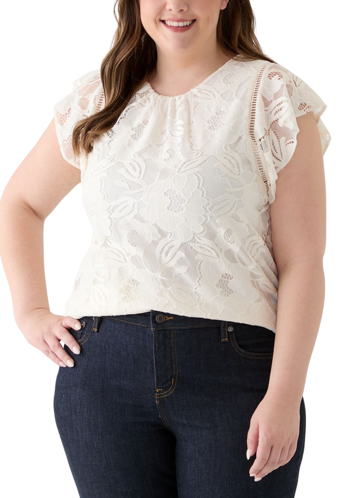 Plus Size Flutter Sleeve Tank with Ladder Lace 