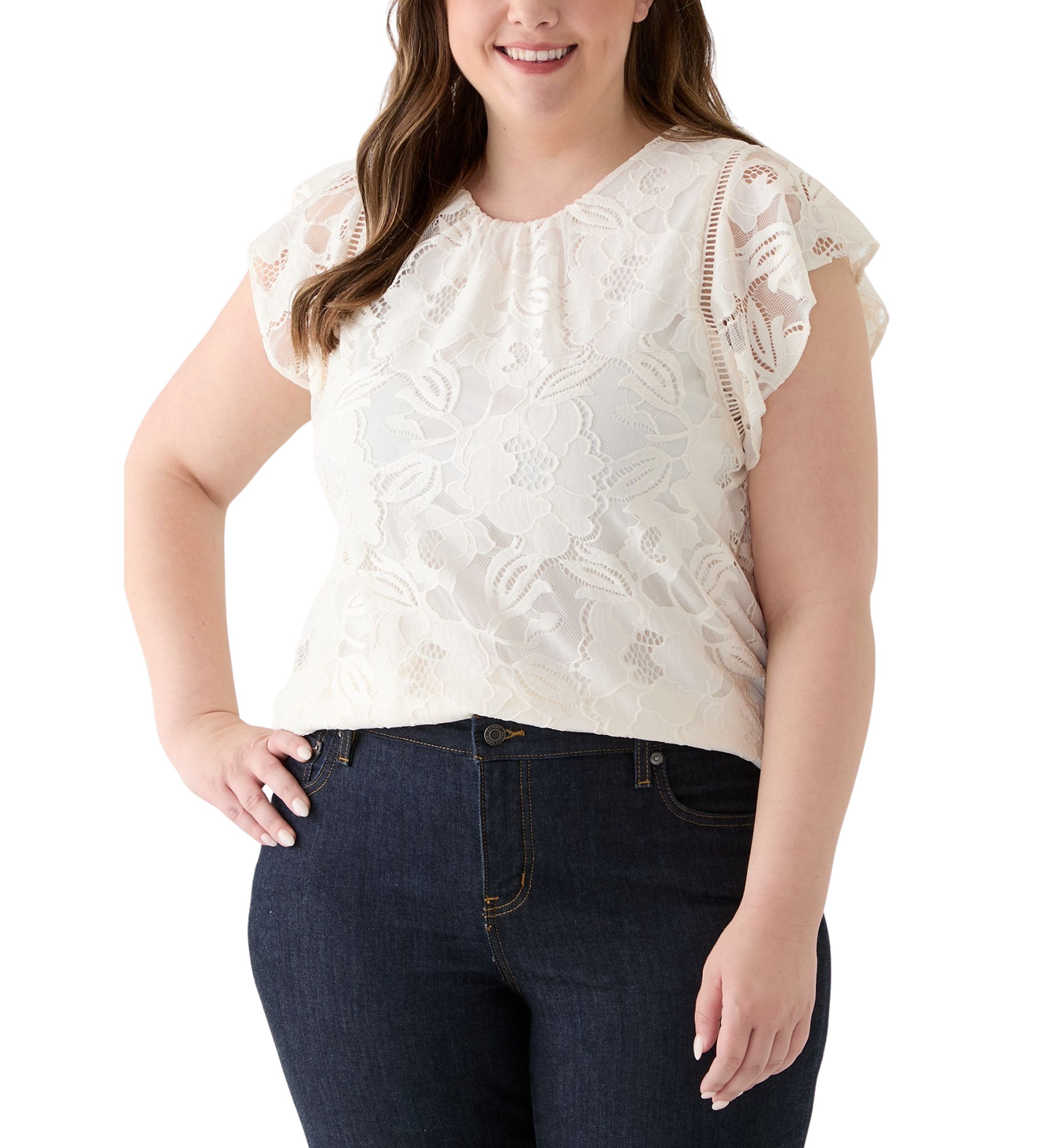 Plus Size Flutter Sleeve Tank with Ladder Lace 