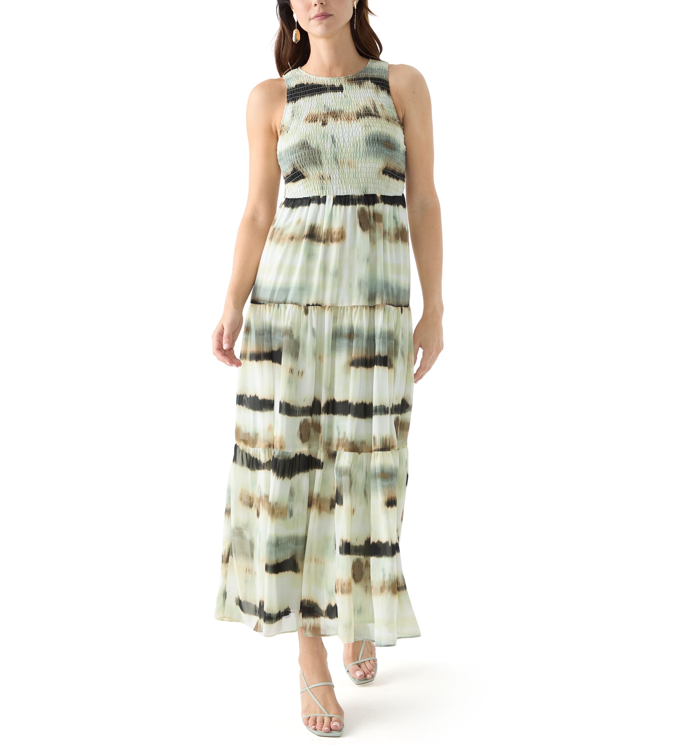 Womens Sleeveless Printed Tiered Maxi Dress