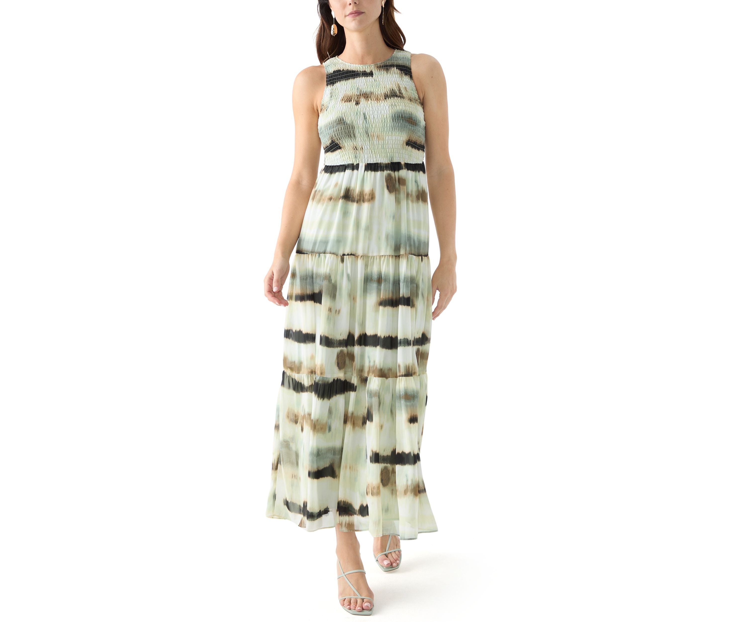Womens Sleeveless Printed Tiered Maxi Dress