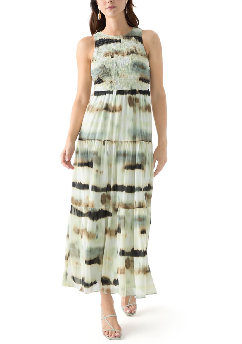 Womens Sleeveless Printed Tiered Maxi Dress