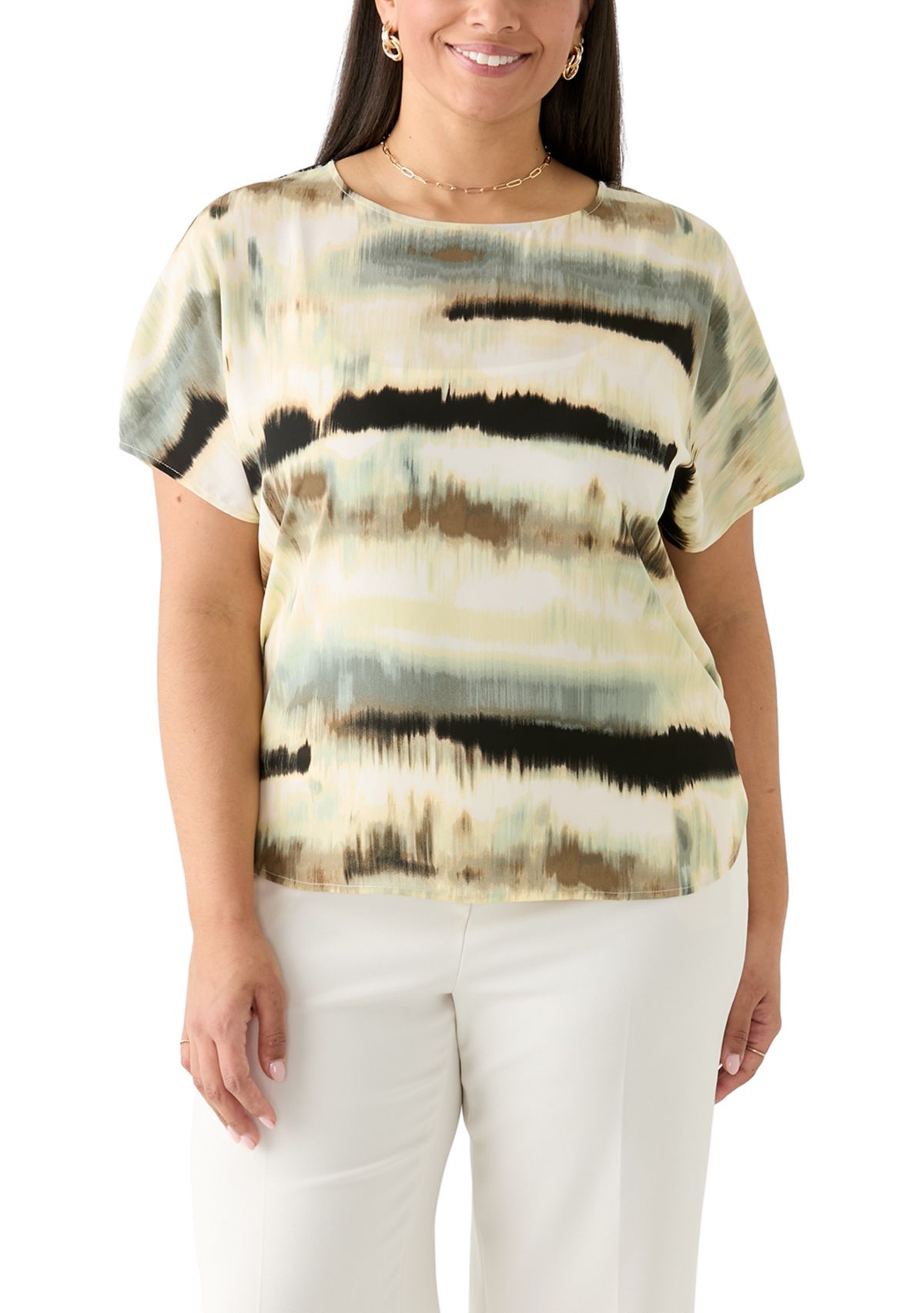 Plus Size Dolman Sleeve Boat Neck Printed Top 