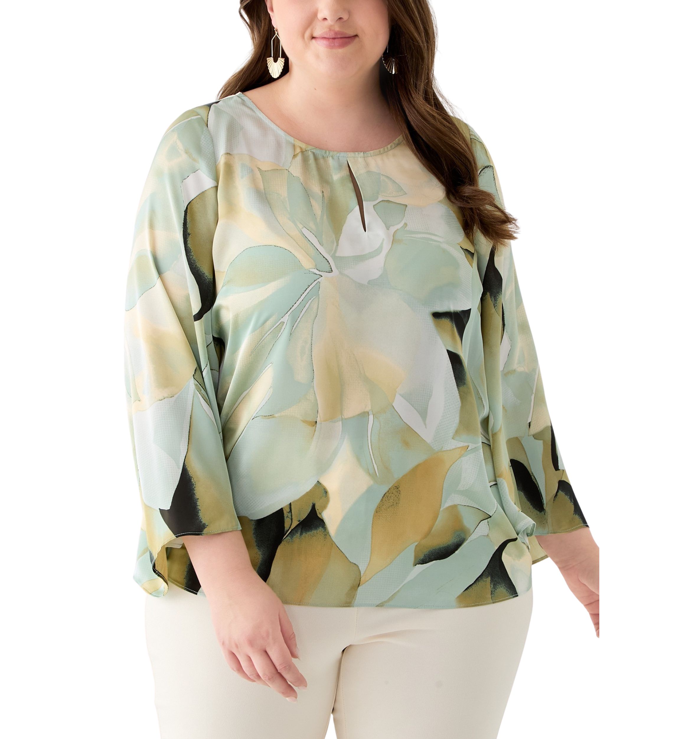 Plus Size Satin Keyhole Blouse