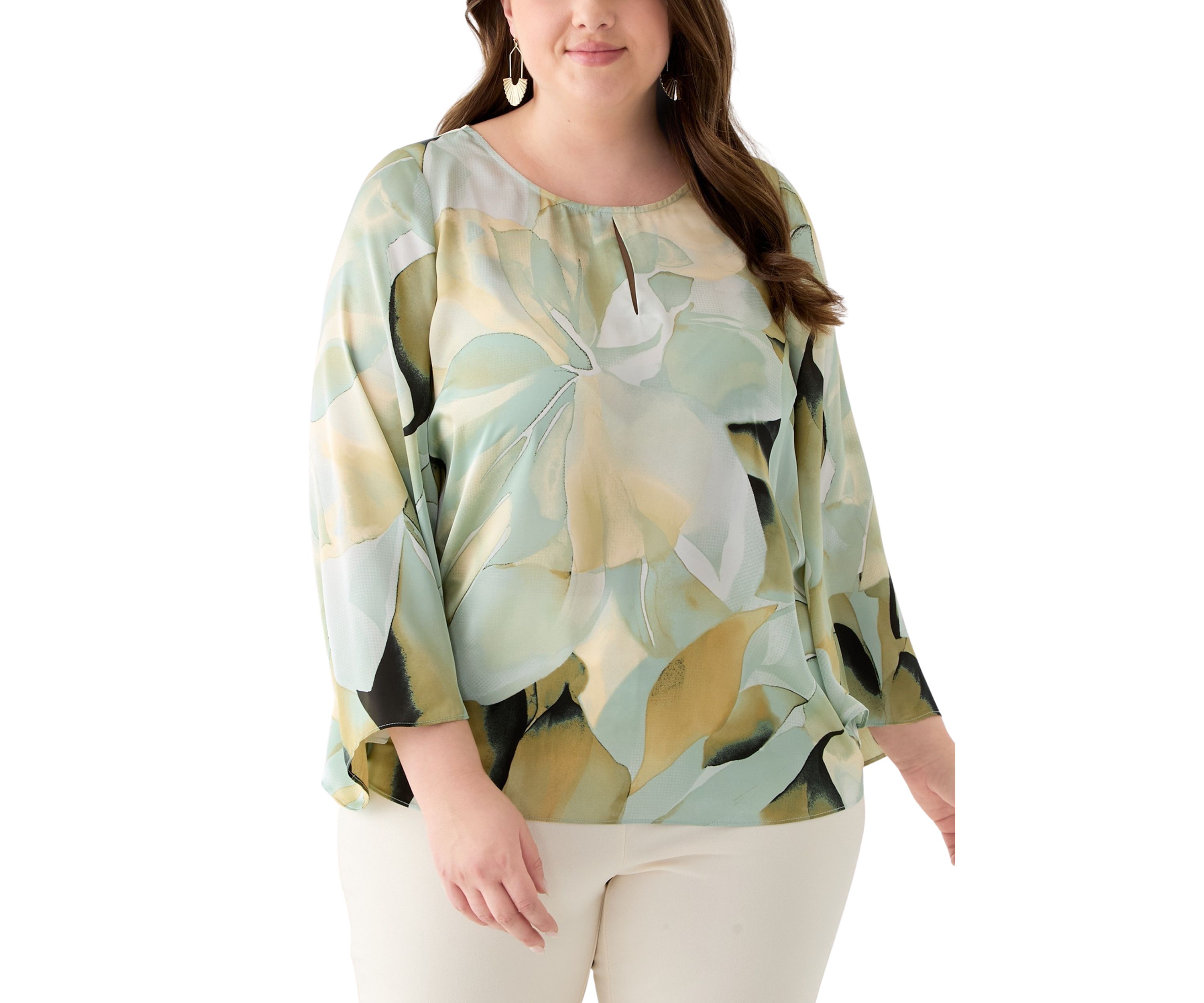 Plus Size Satin Keyhole Blouse