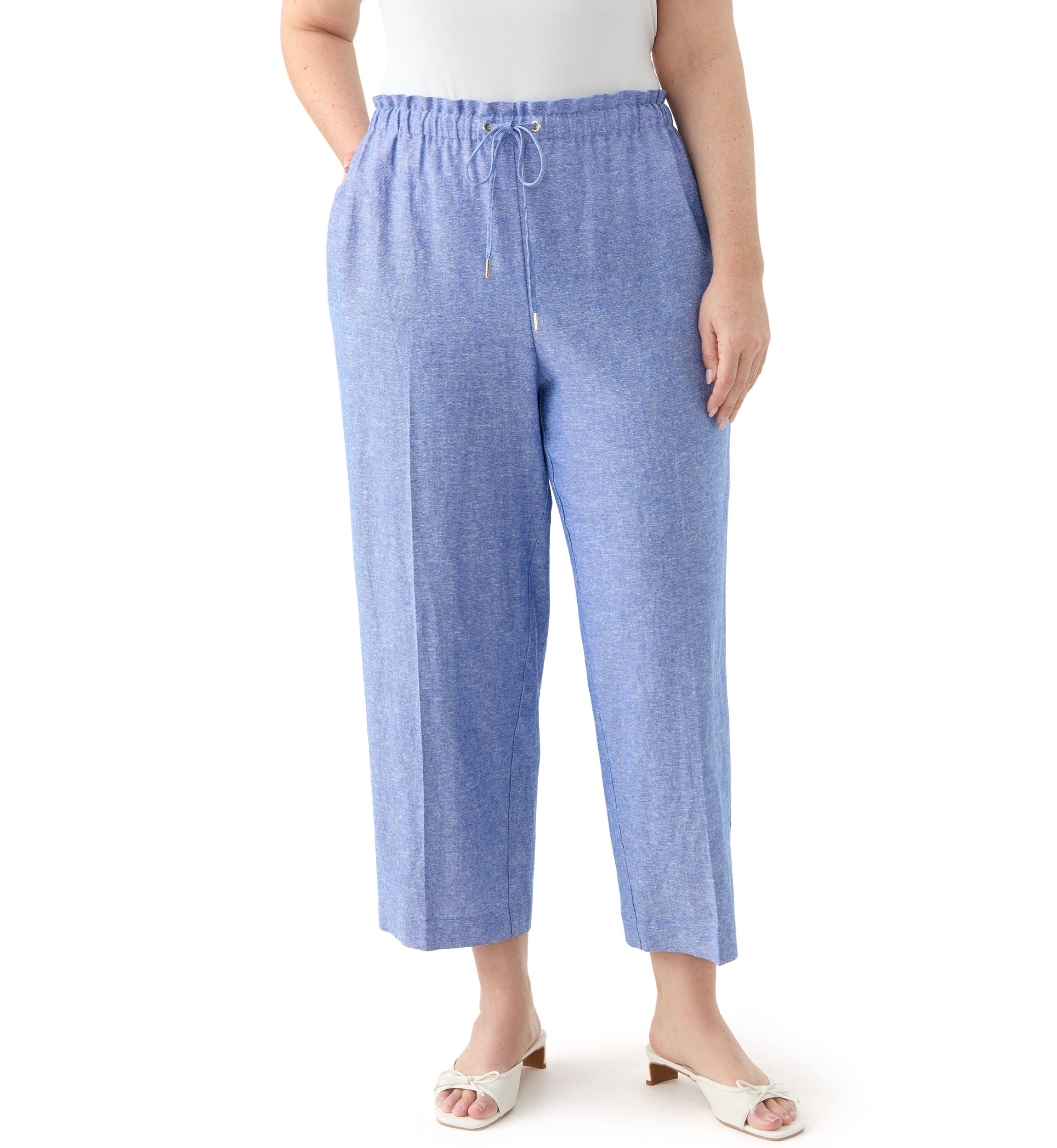 Plus Size Pull On Drawstring Wide Leg Linen Cropped Pants