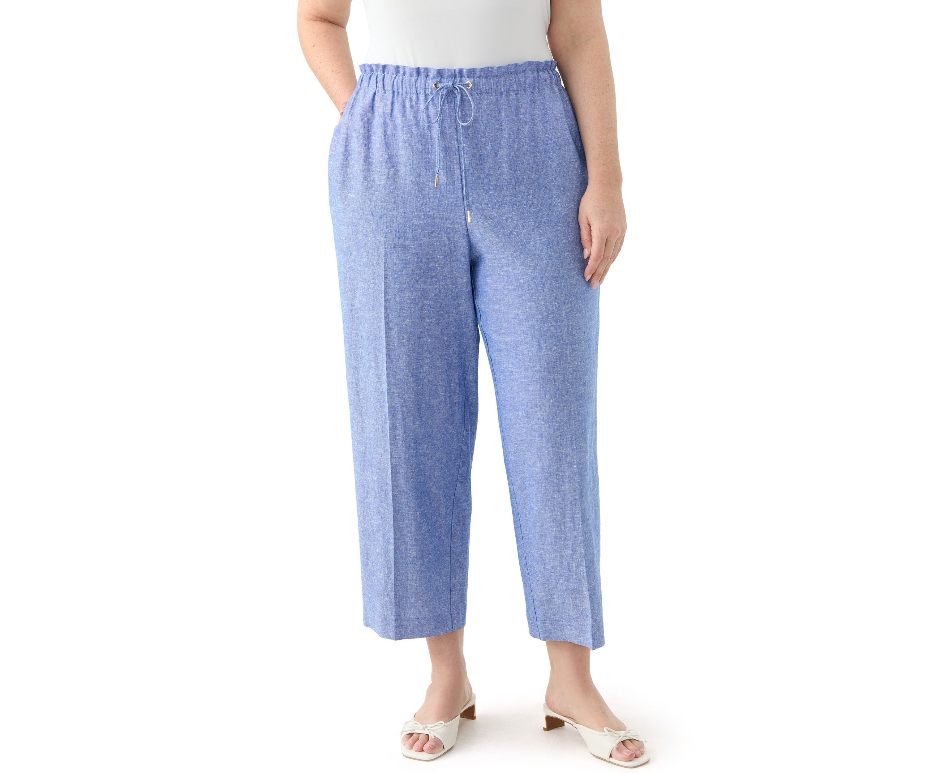 Plus Size Pull On Drawstring Wide Leg Linen Cropped Pants