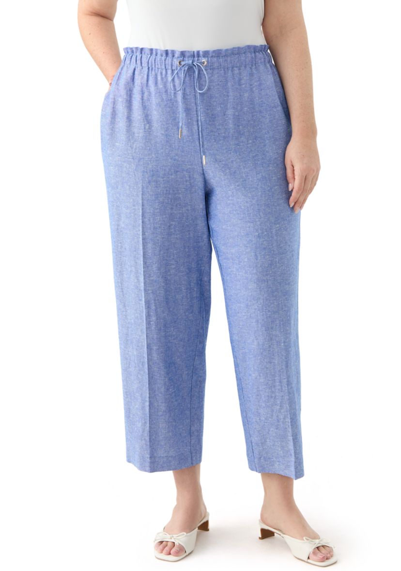 Plus Size Pull On Drawstring Wide Leg Linen Cropped Pants