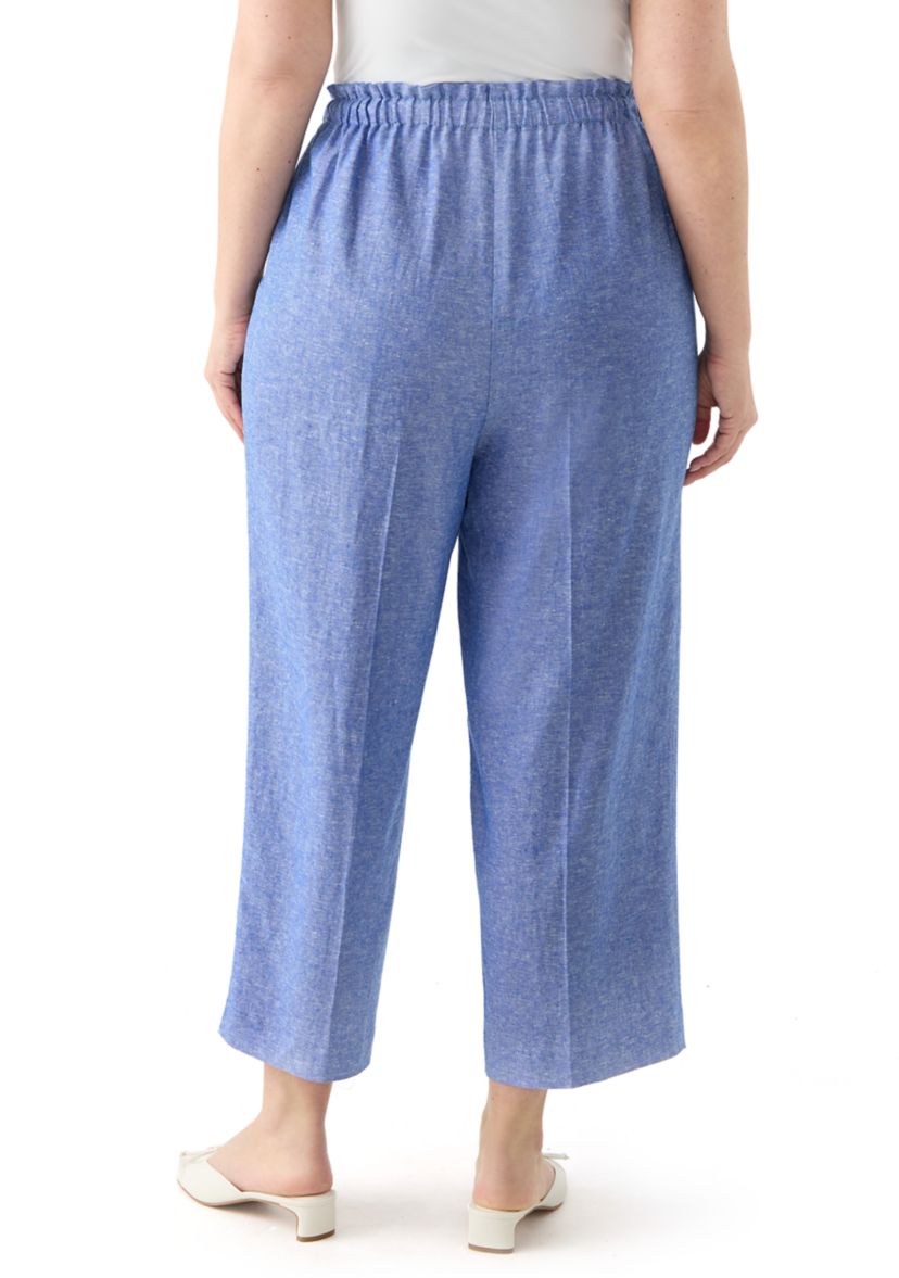 Plus Size Pull On Drawstring Wide Leg Linen Cropped Pants