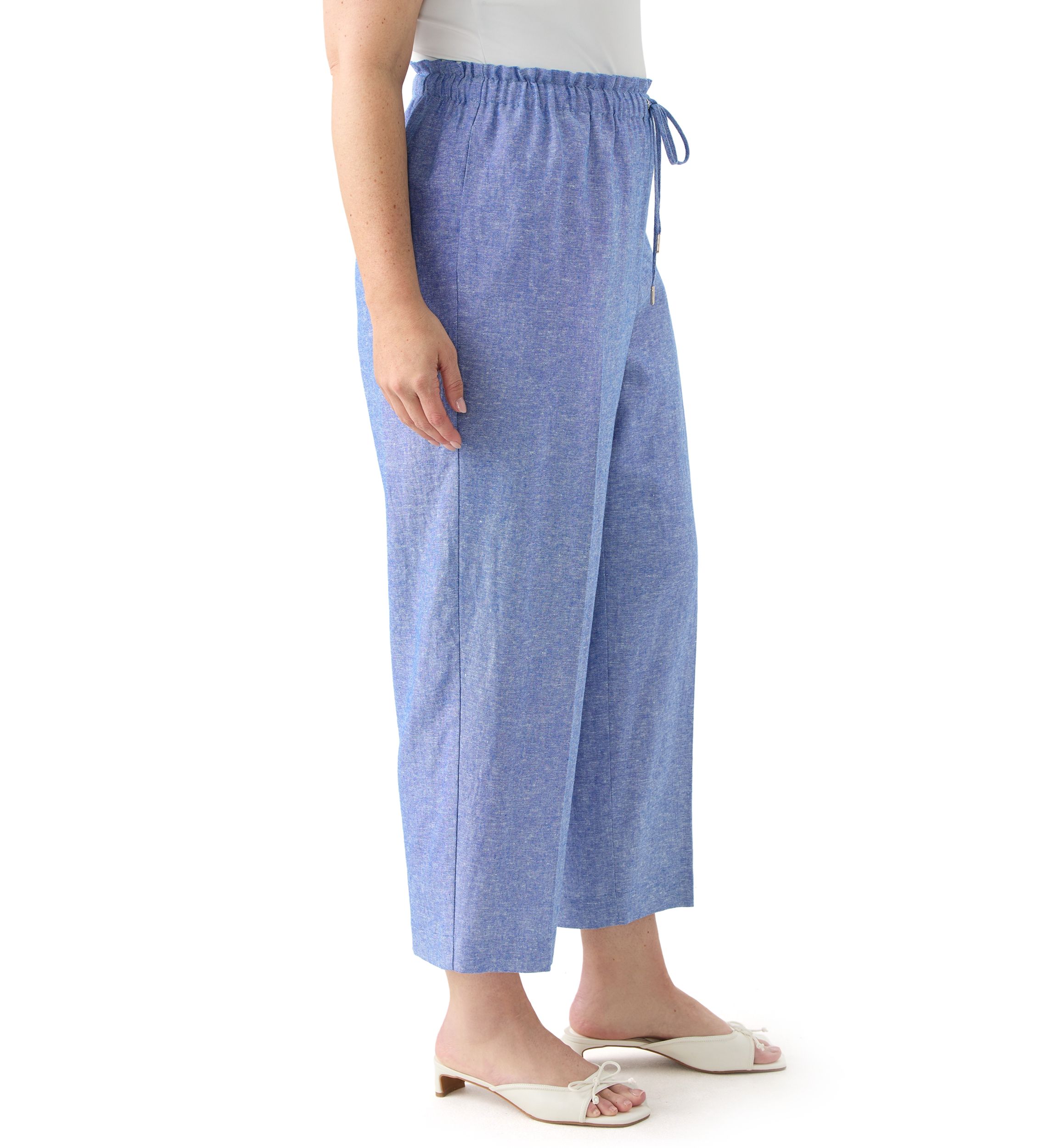 Plus Size Pull On Drawstring Wide Leg Linen Cropped Pants